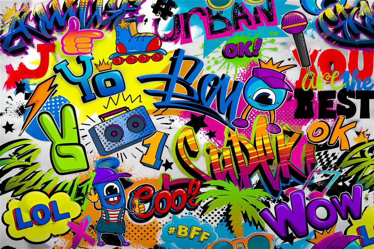Fototapeten pastellgraffiti mit Rolle und Boombox für Jugendzimmer