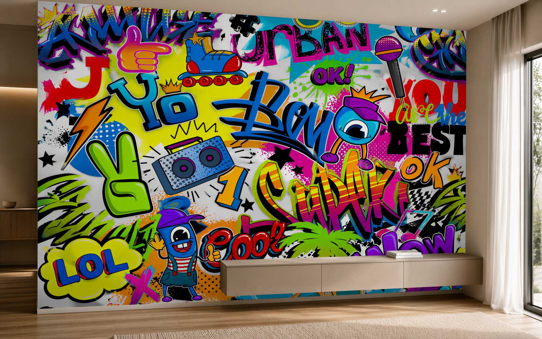 Fototapeten pastellgraffiti mit Rolle und Boombox für Jugendzimmer