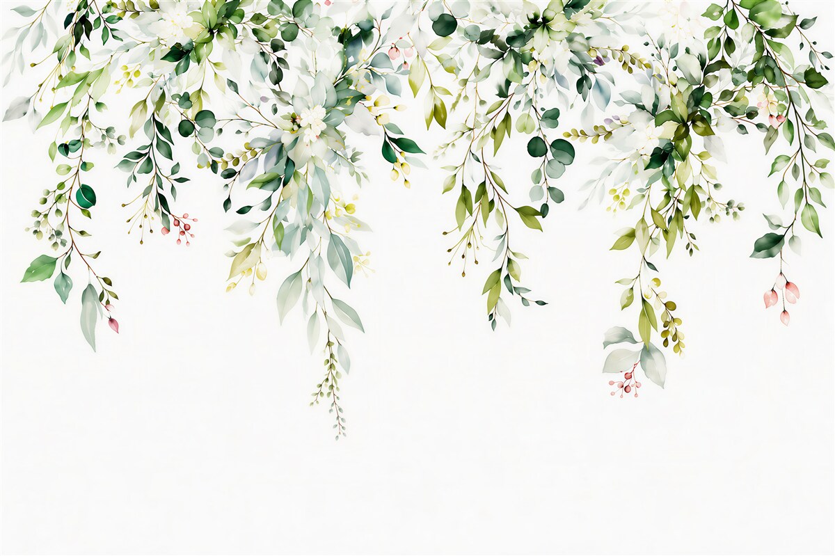 Fototapeten hängende Zweige und weiße Blumen in pastellgrün