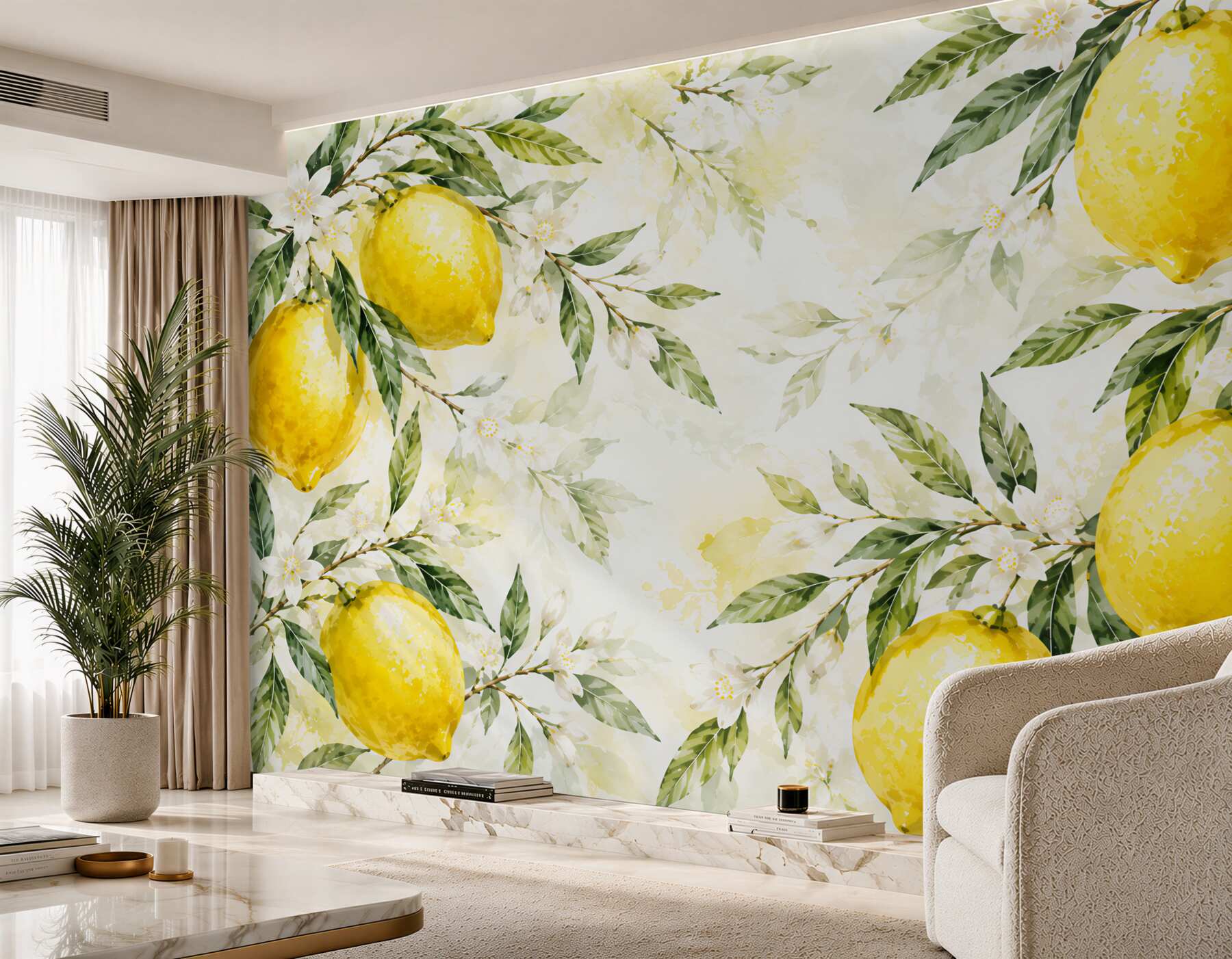 Fototapeten Zitronen an Zweigen mit Blumen Aquarell frische Komposition