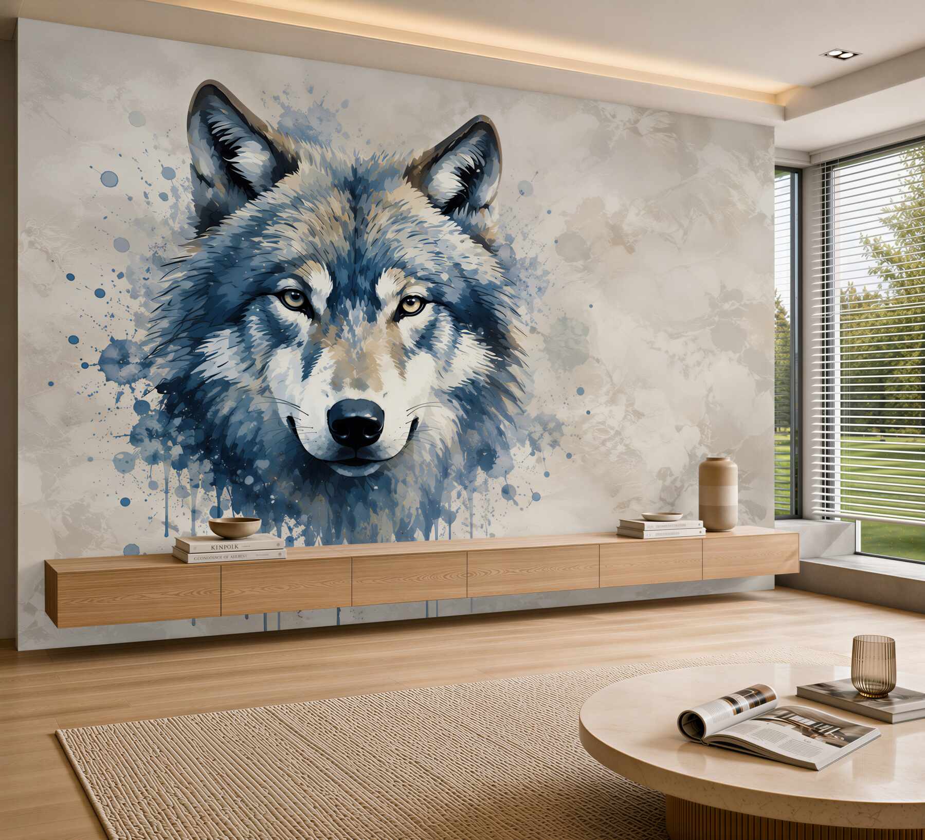 Fototapeten grauer Wolf Aquarellporträt moderne Wanddekoration