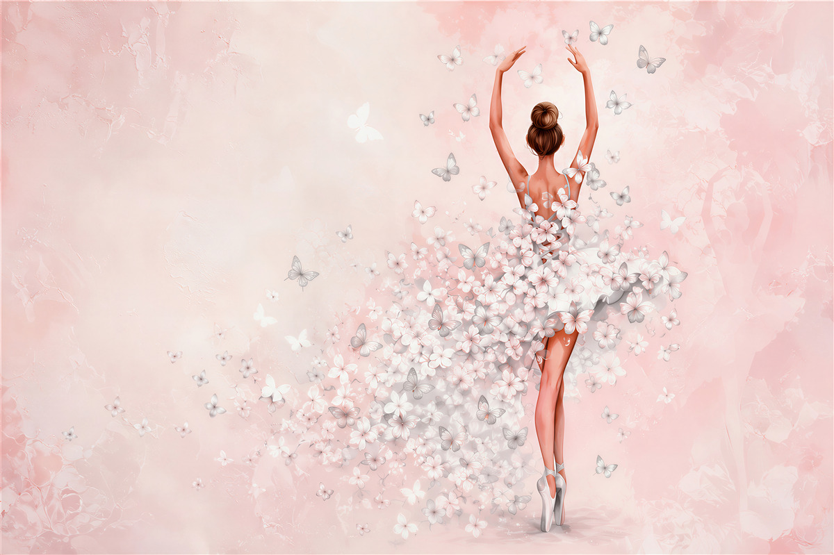 Fototapeten Ballerina mit Schmetterlingen in Pastellrosa für das Mädchenzimmer