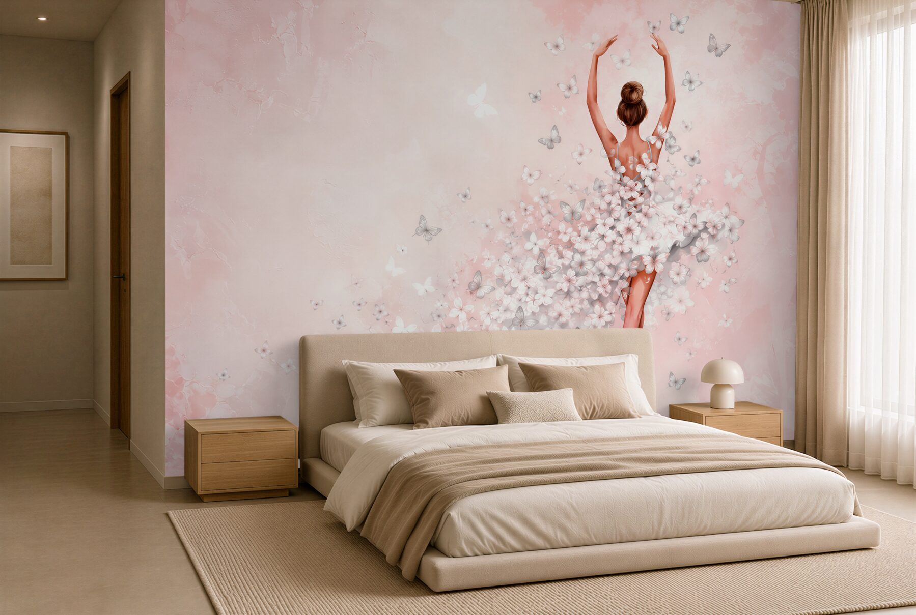 Fototapeten Ballerina mit Schmetterlingen in Pastellrosa für das Mädchenzimmer