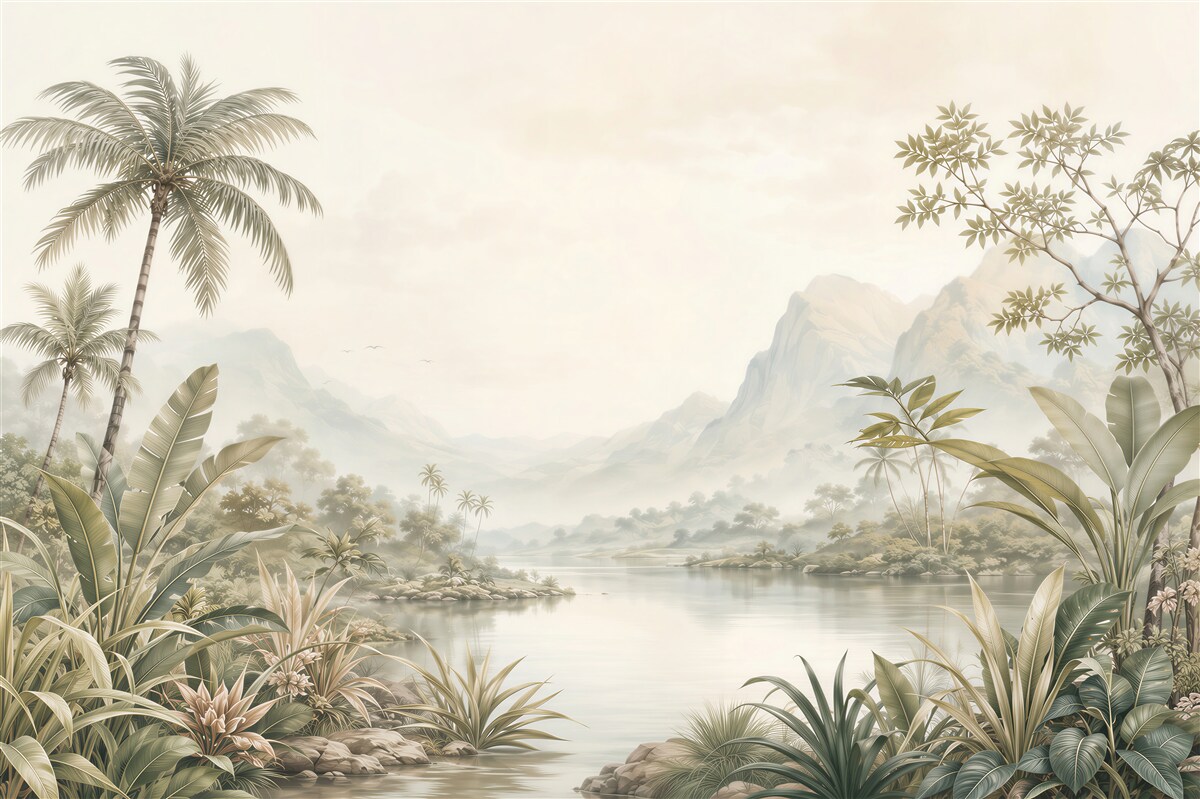 Fototapeten Exotischer Fluss mit Bergen
