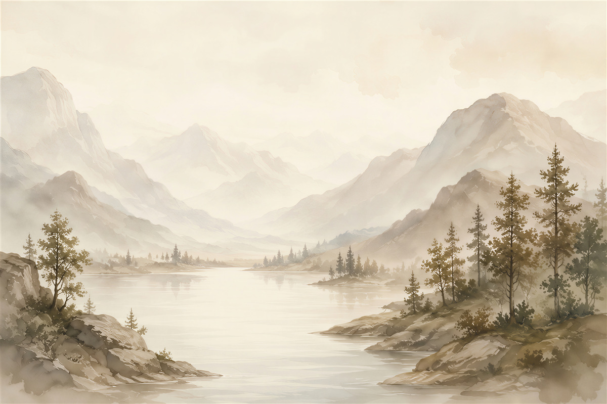 Fototapeten Stimmungsvolle Berge und See