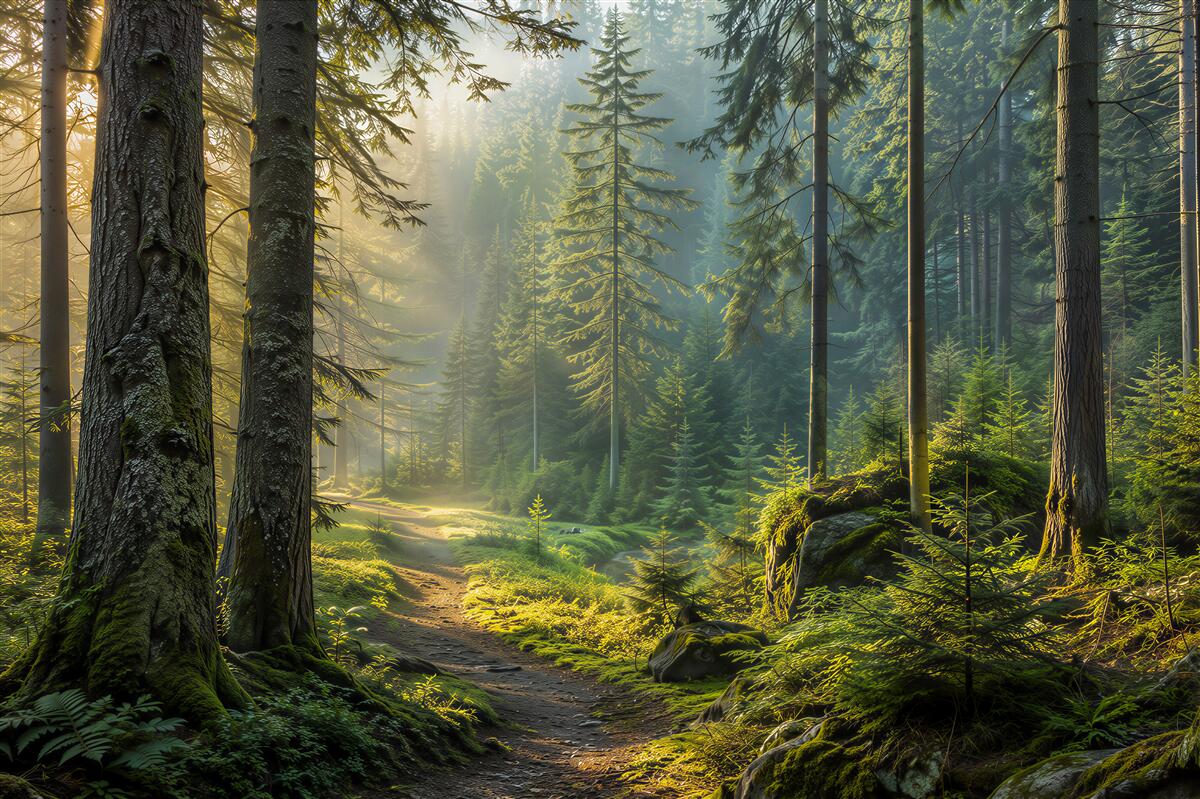 Fototapeten Waldweg im Sonnenstrahlen