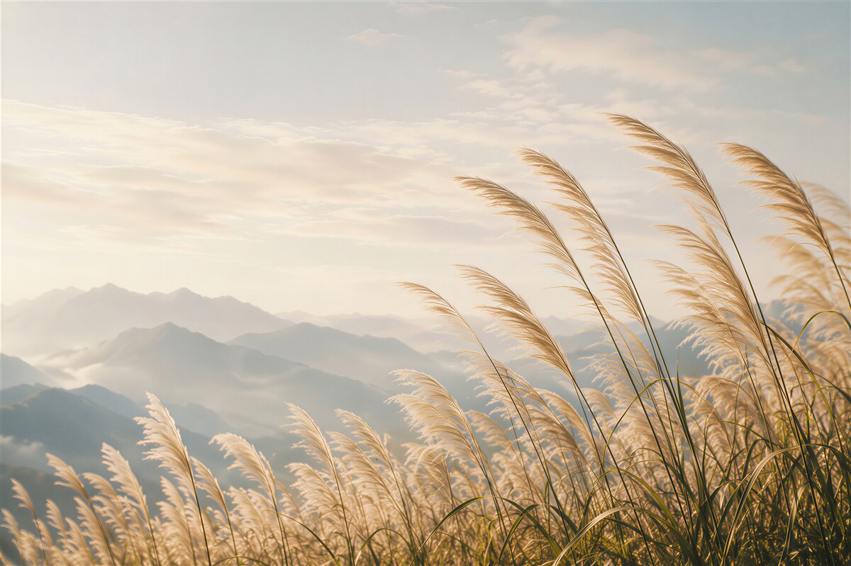 Fototapeten Goldene Gräser und Berge
