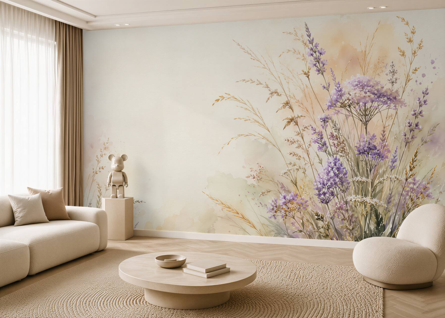 Fototapeten Lavendel-Margeriten-Wiese Aquarell