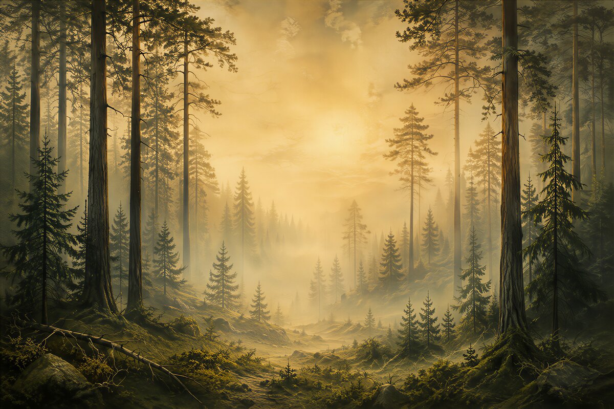 Fototapeten Waldmorgen im Nebel
