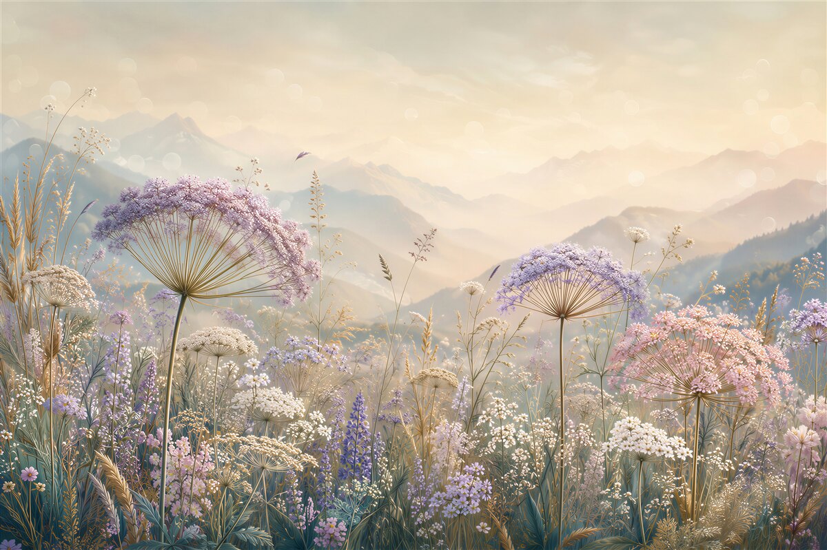Fototapeten Wiese in den Bergen - Zarte Eleganz