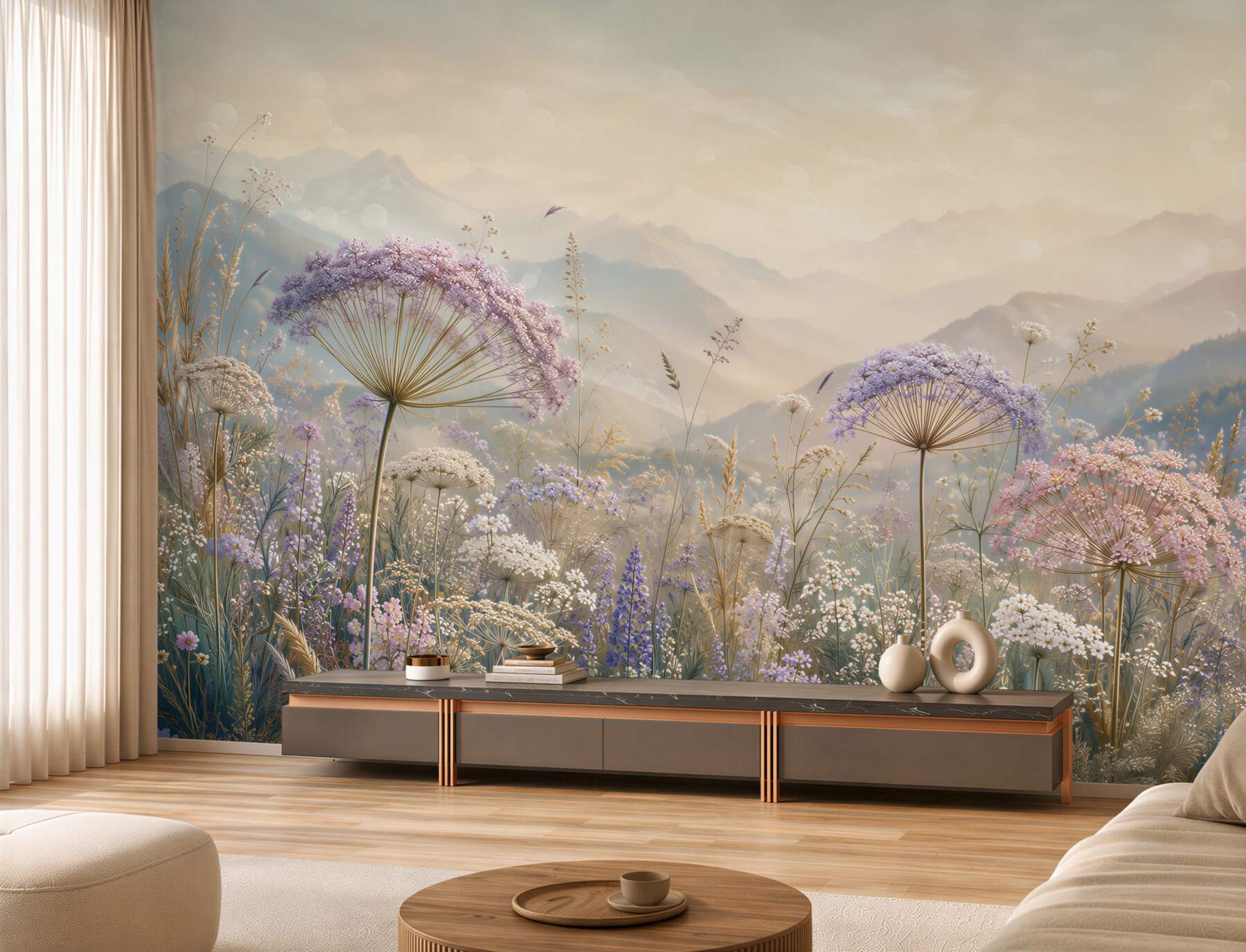 Fototapeten Wiese in den Bergen - Zarte Eleganz