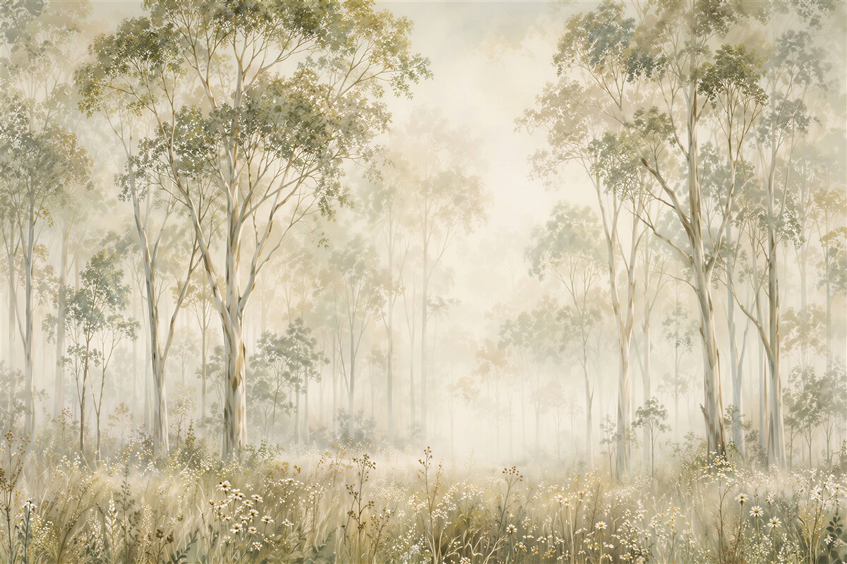 Fototapeten Waldnebel mit Gänseblümchen