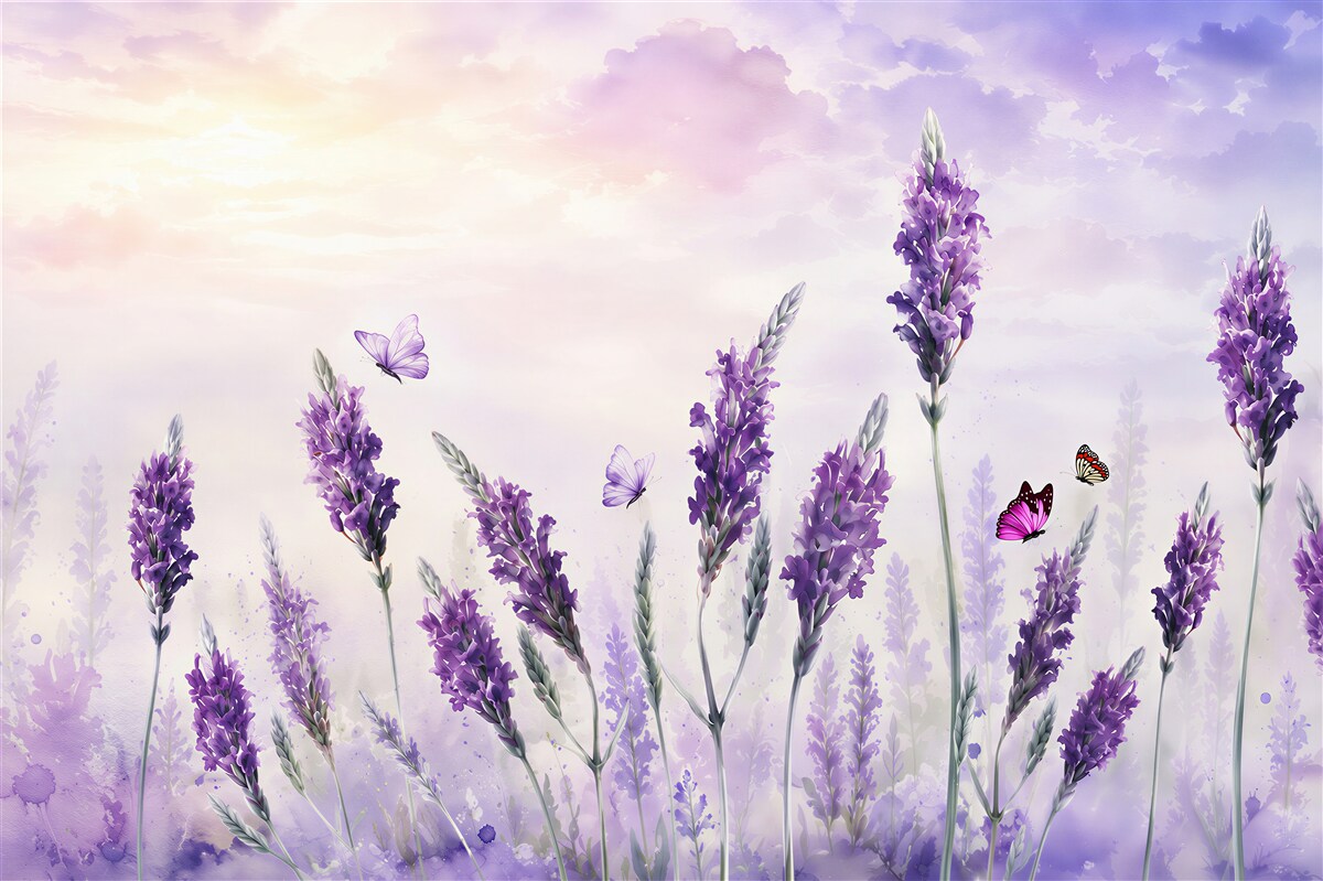 Fototapeten Abstraktion von Lavendelblumen am Himmel