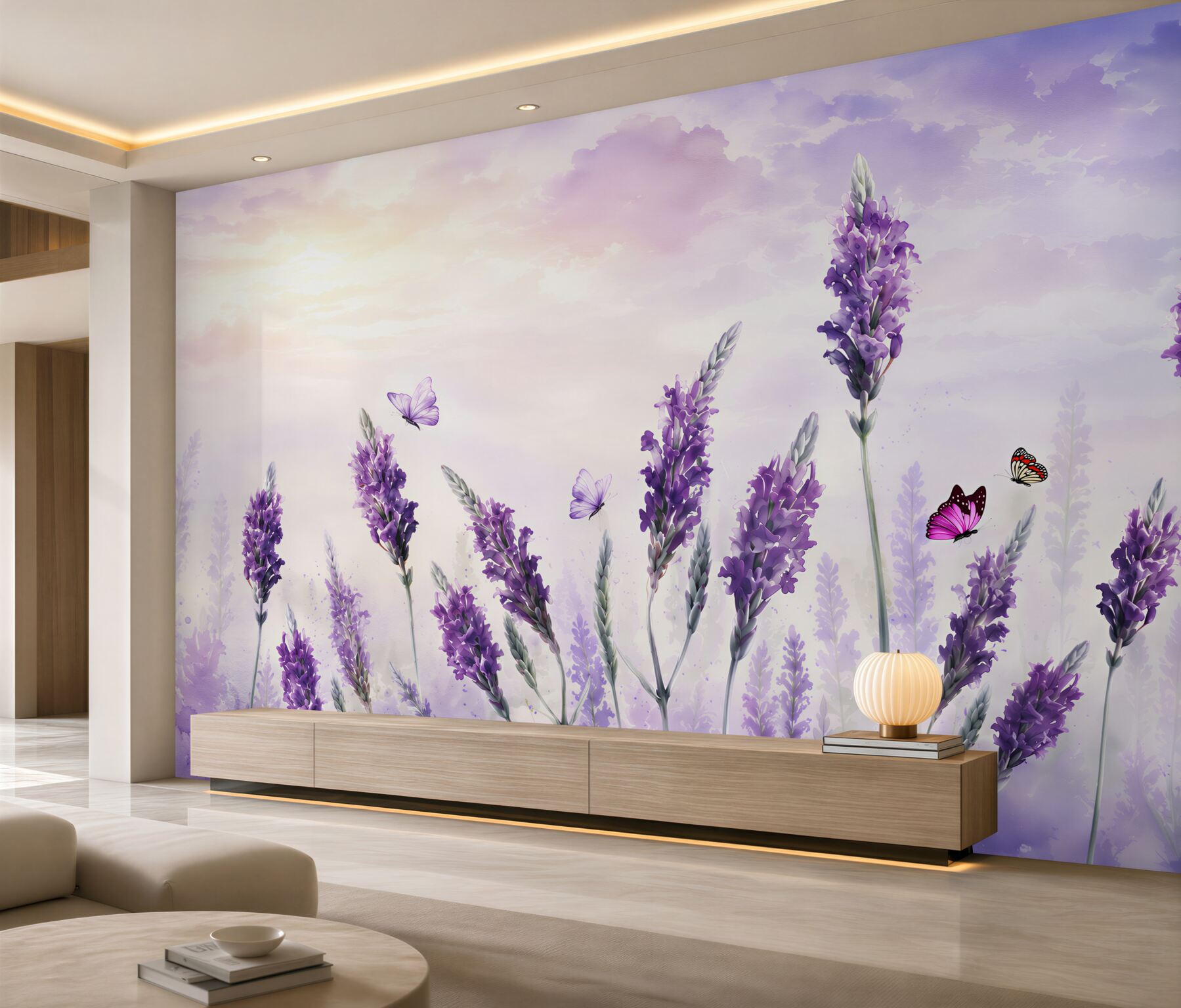 Fototapeten Abstraktion von Lavendelblumen am Himmel