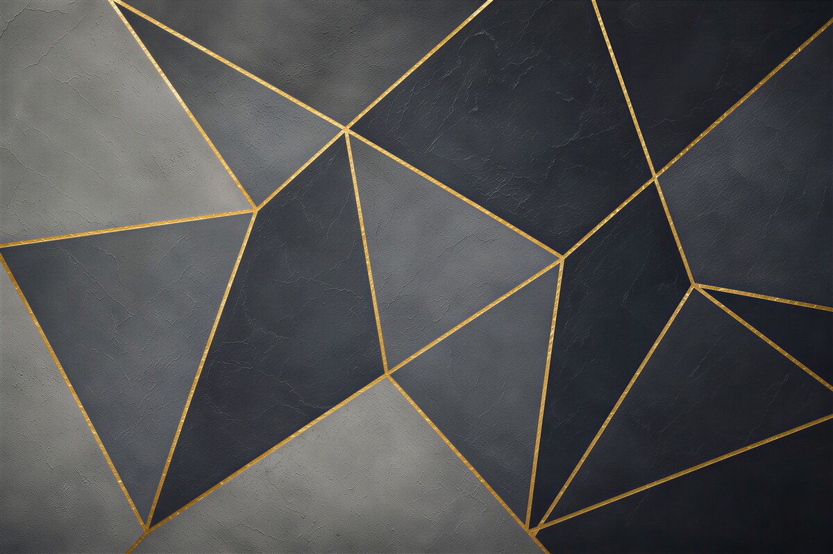 Fototapeten geometrische Dreiecke grau und beige mit goldener Linie