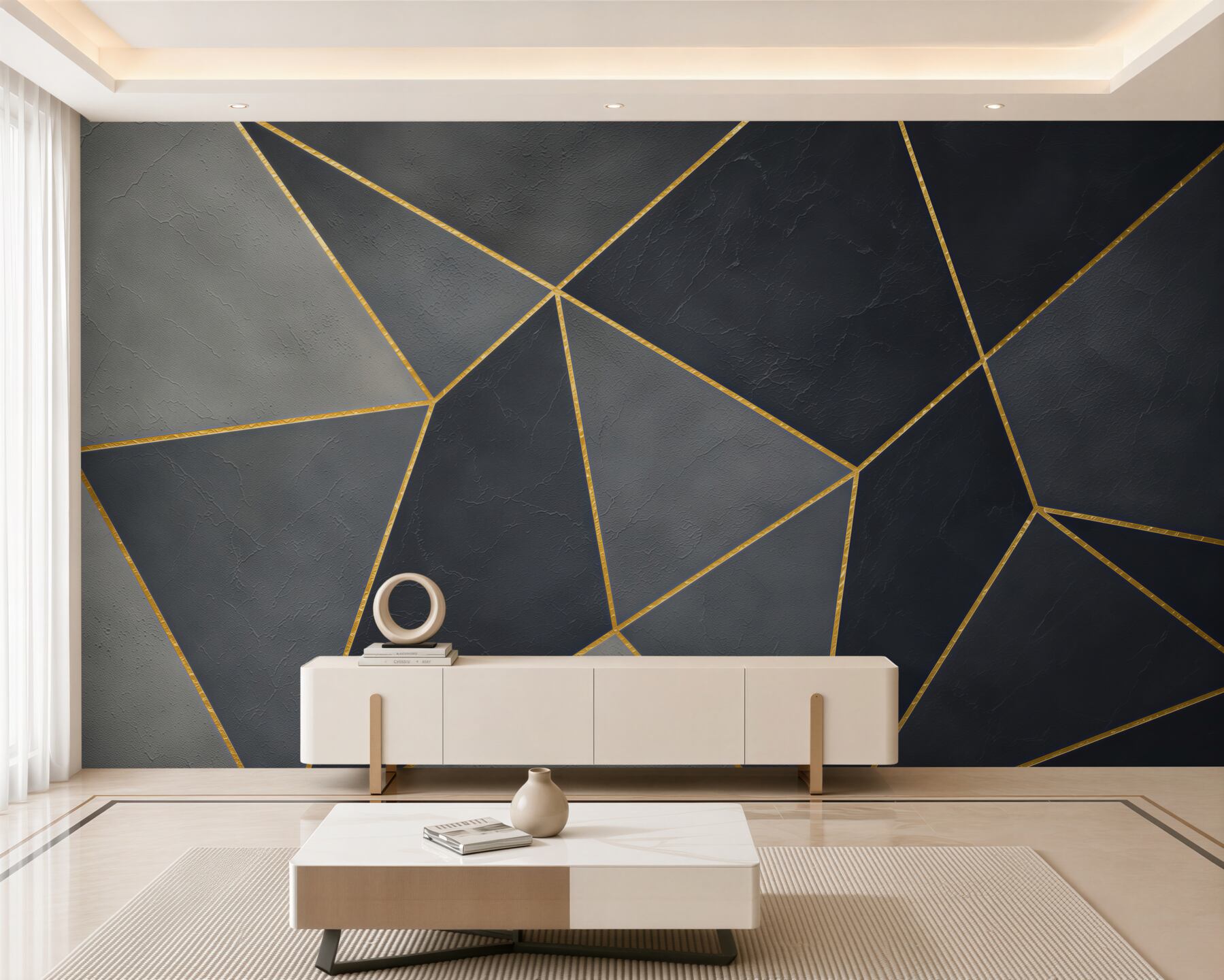 Fototapeten geometrische Dreiecke grau und beige mit goldener Linie