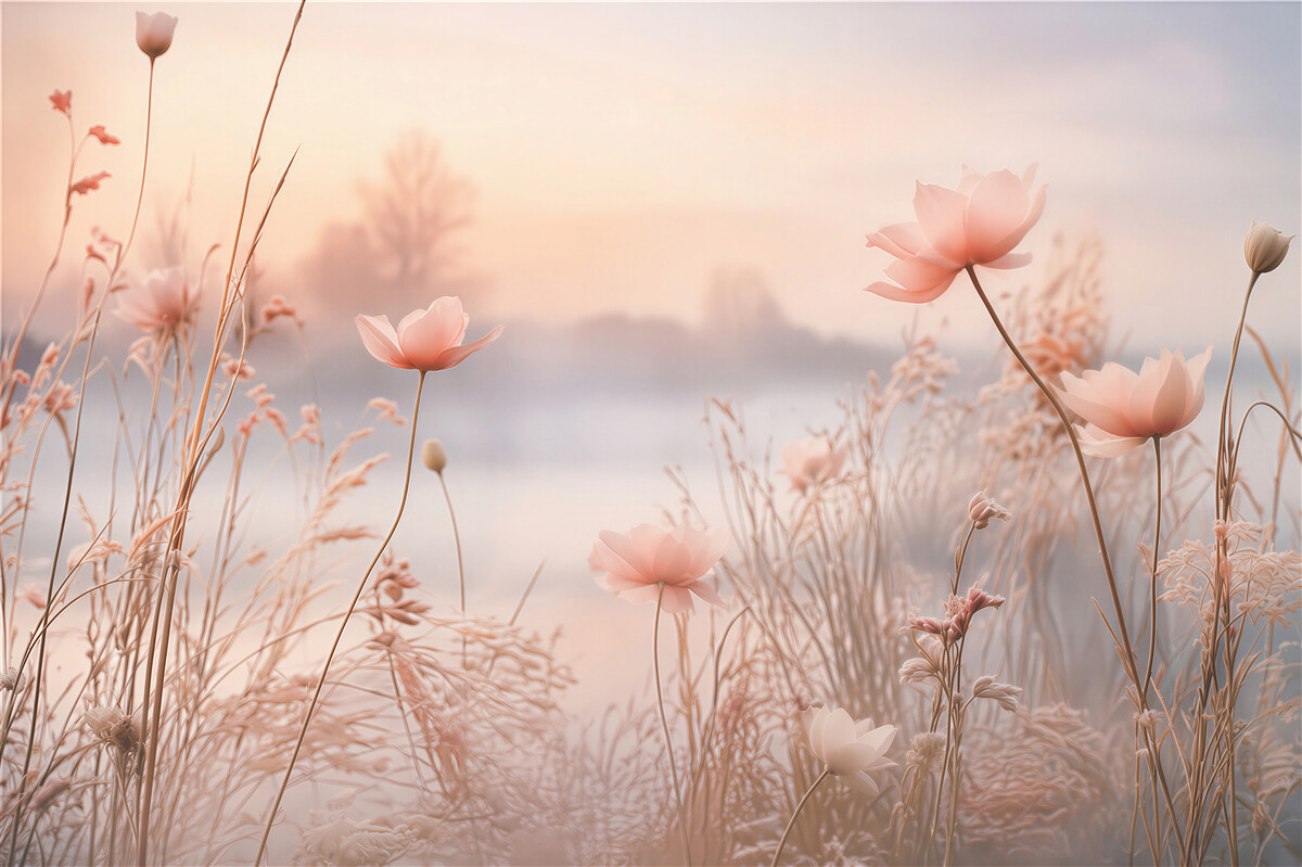 Fototapeten zarte Wiesenblumen im beigen Nebel