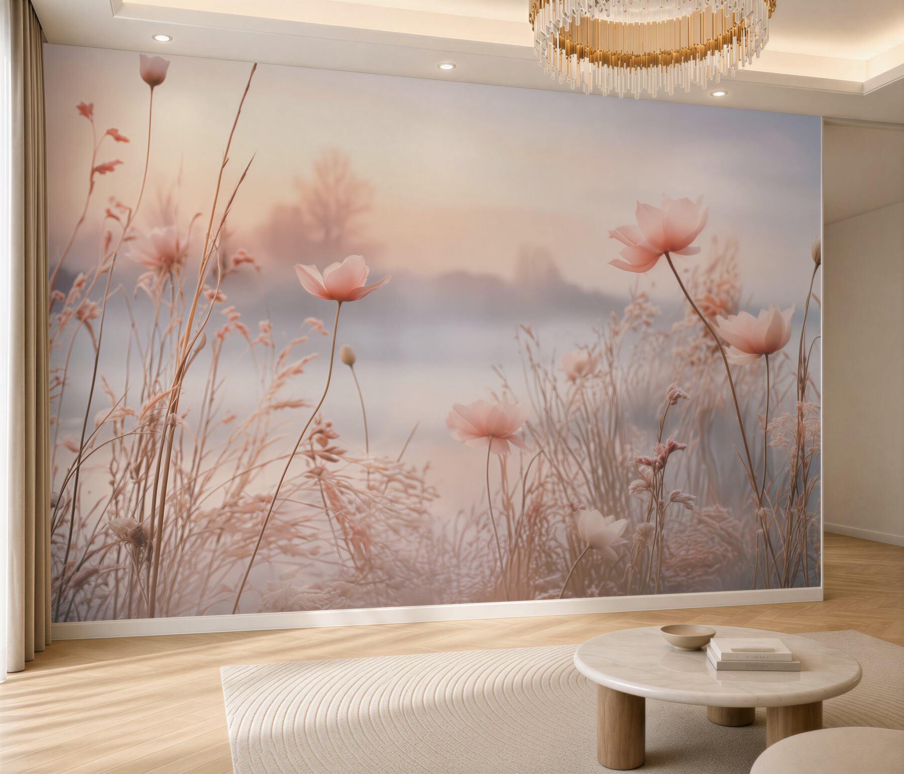 Fototapeten zarte Wiesenblumen im beigen Nebel