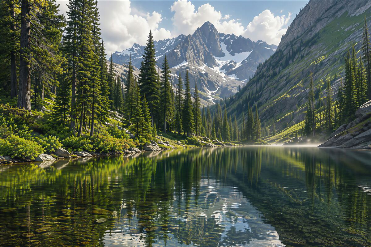 Fototapeten Bergsee bei Sonnenaufgang mit Wald und Gipfeln
