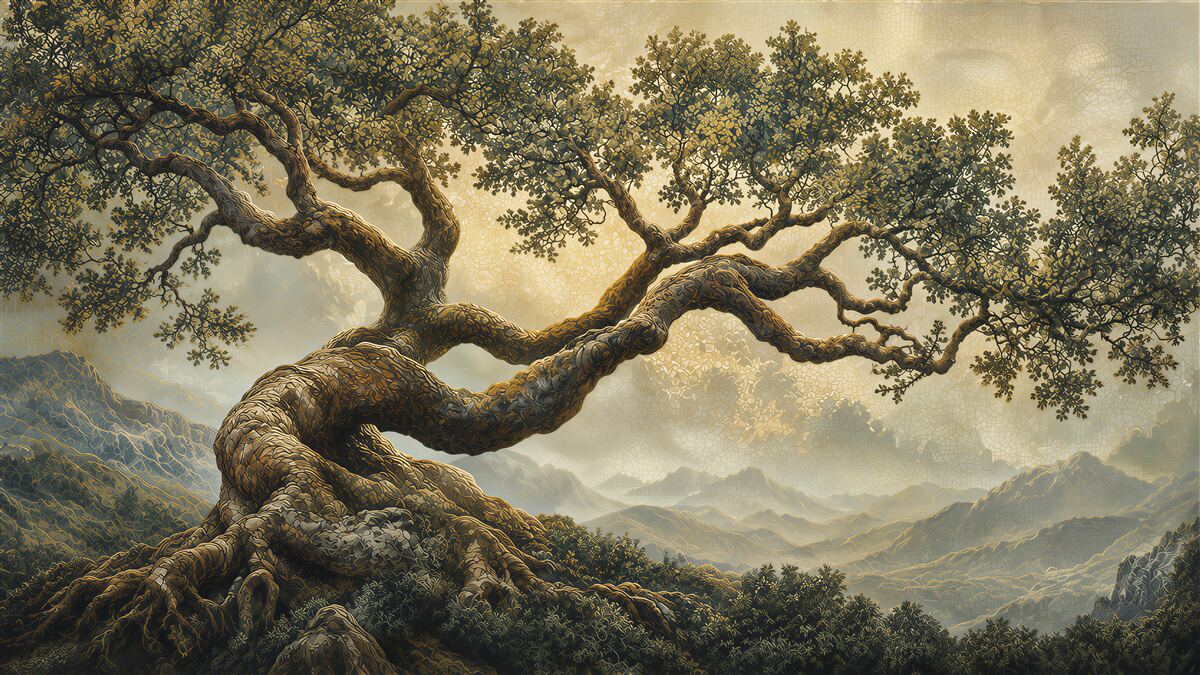 Fototapeten alter verwundener Baum im Bergnebel beiger Landschaft