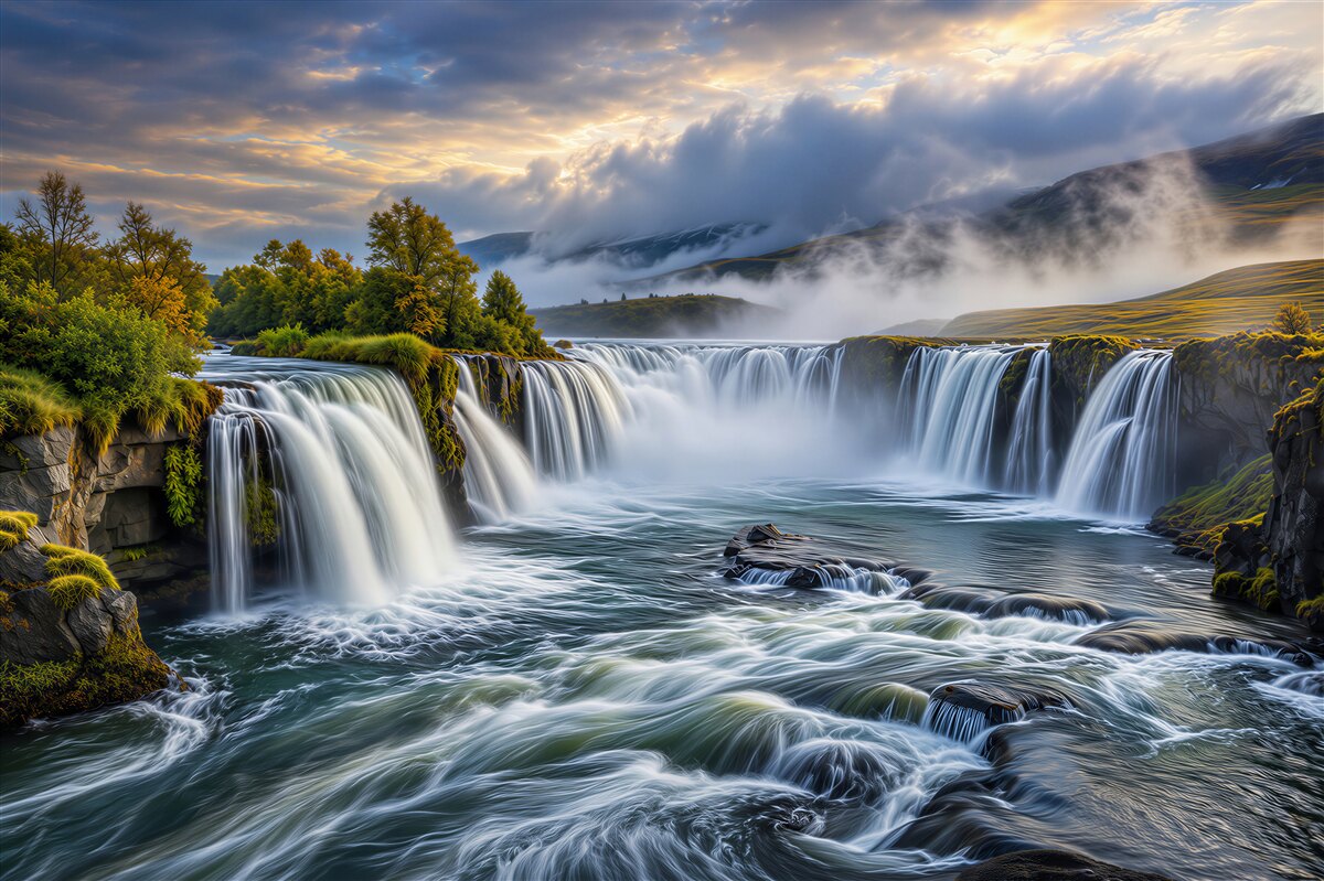 Fototapeten Wasserfall zwischen Bergen und Nebel ruhige Naturlandschaft