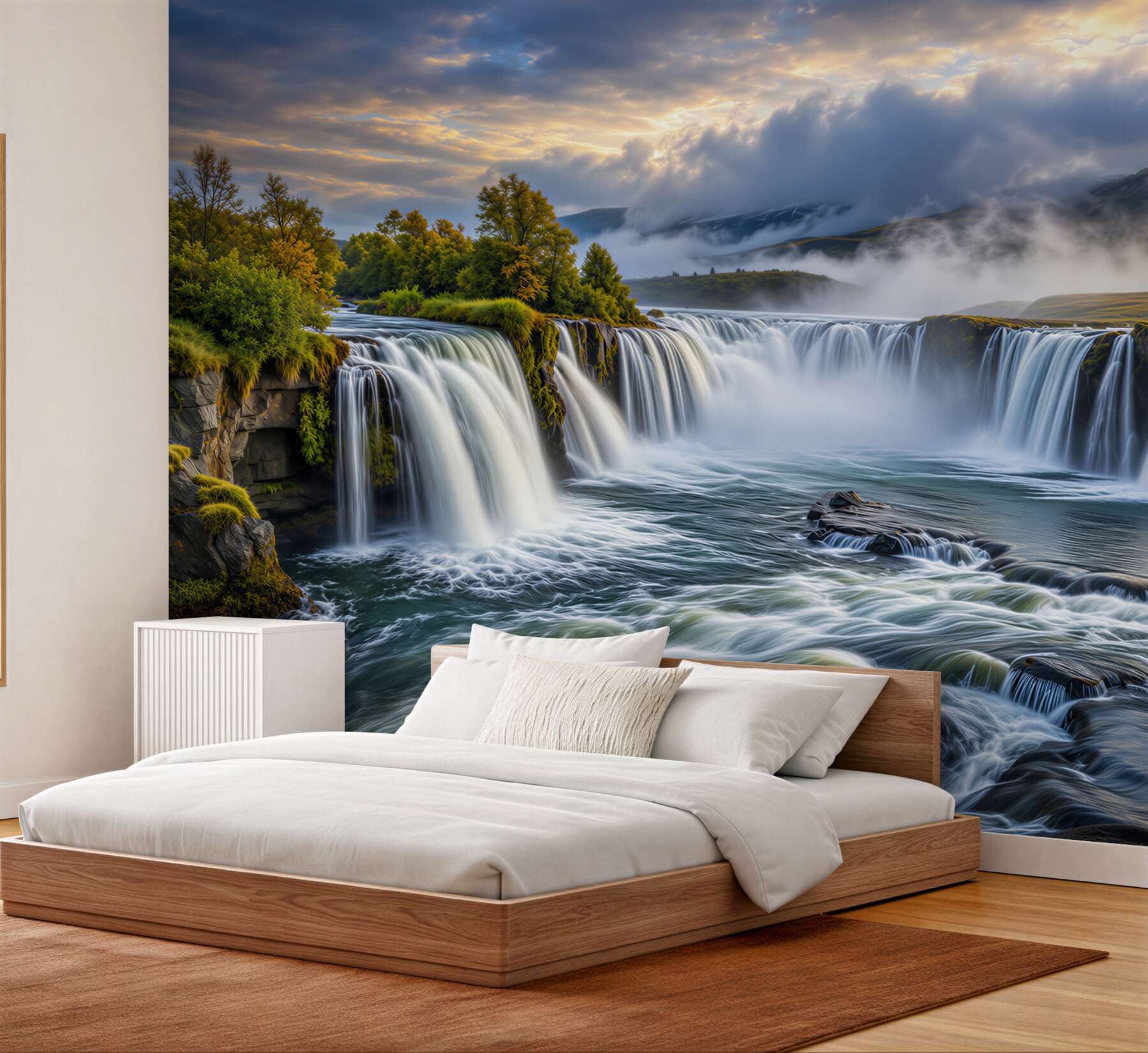 Fototapeten Wasserfall zwischen Bergen und Nebel ruhige Naturlandschaft