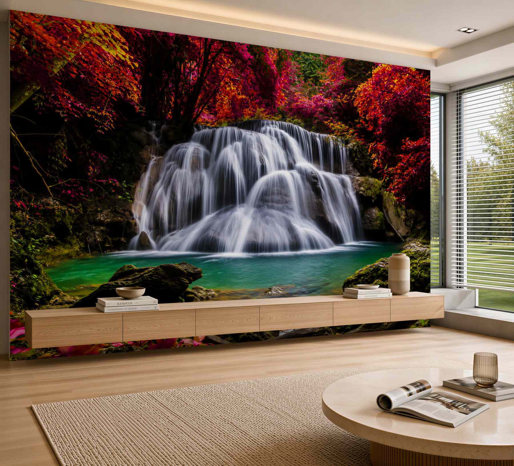 Fototapeten Waldwasserfall mit türkisfarbener Lagune und blühenden Bäumen