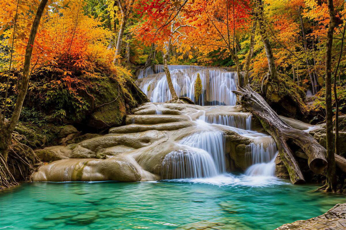 Fototapeten sonniger Wasserfall im grünen Wald mit türkisfarbenem Wasser