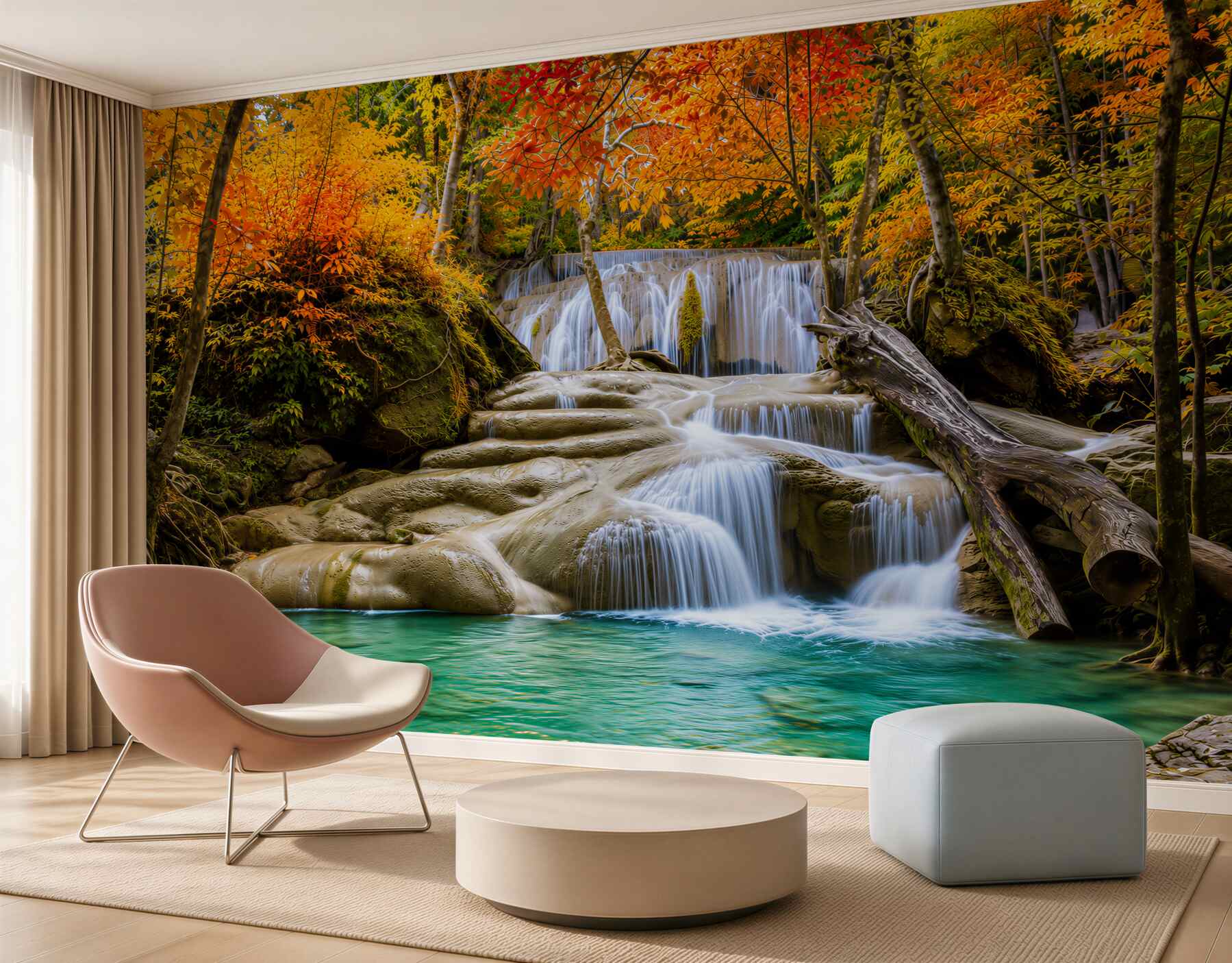 Fototapeten sonniger Wasserfall im grünen Wald mit türkisfarbenem Wasser