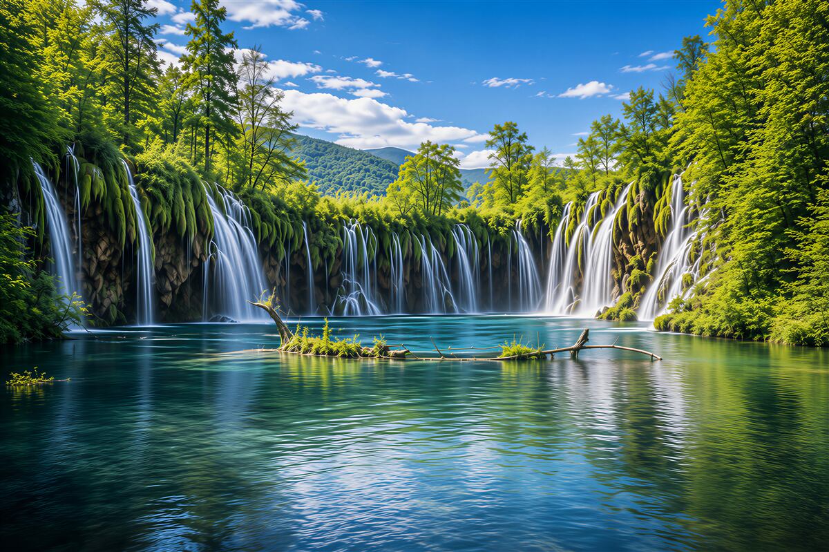 Fototapeten panoramische Wasserfälle über einem blauen See Berglandschaft