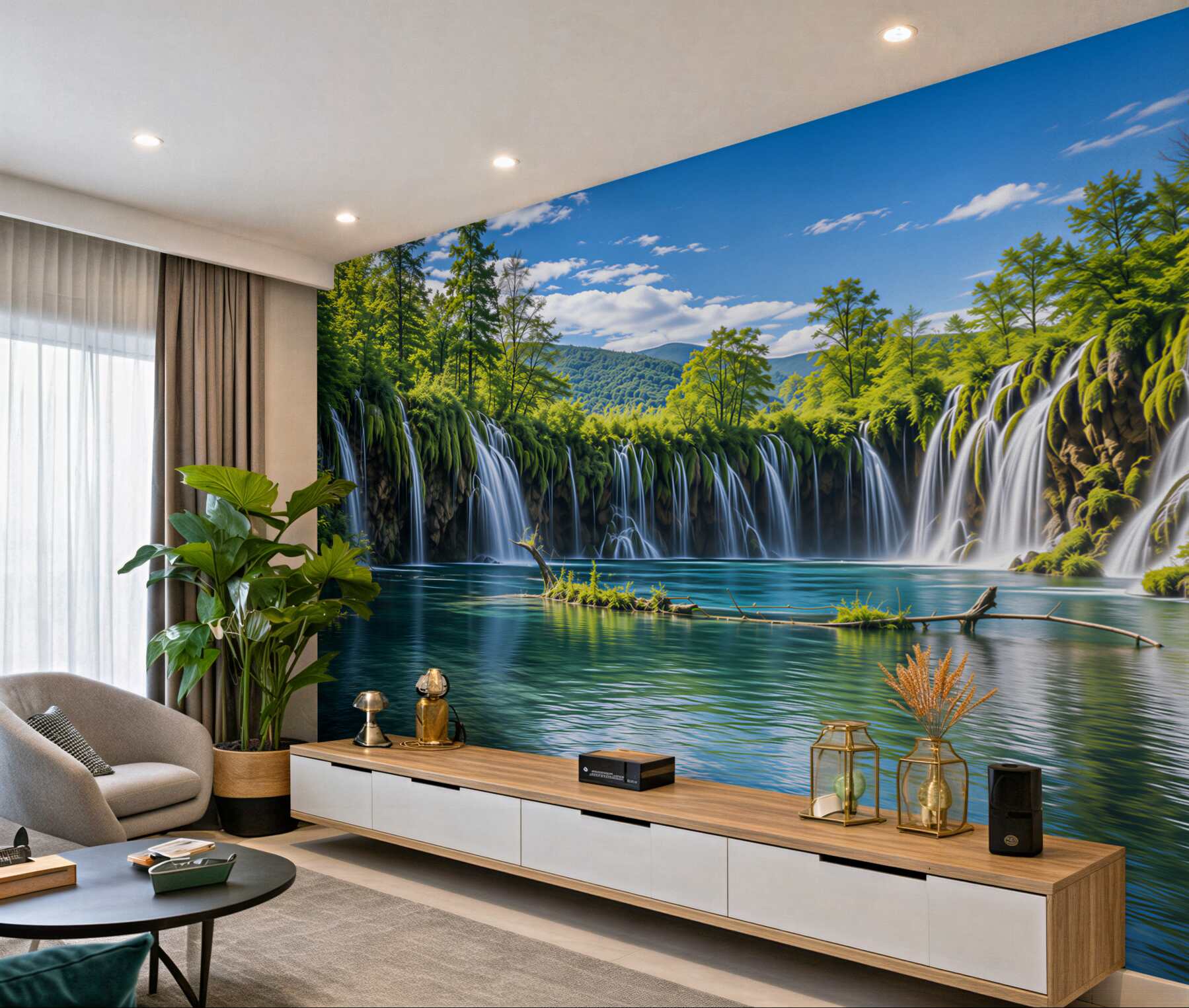 Fototapeten panoramische Wasserfälle über einem blauen See Berglandschaft