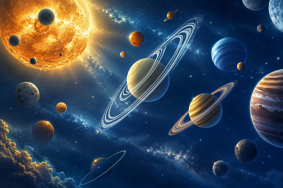 Fototapeten Anordnung der Planeten im hellen, pastellfarbenen Weltraum