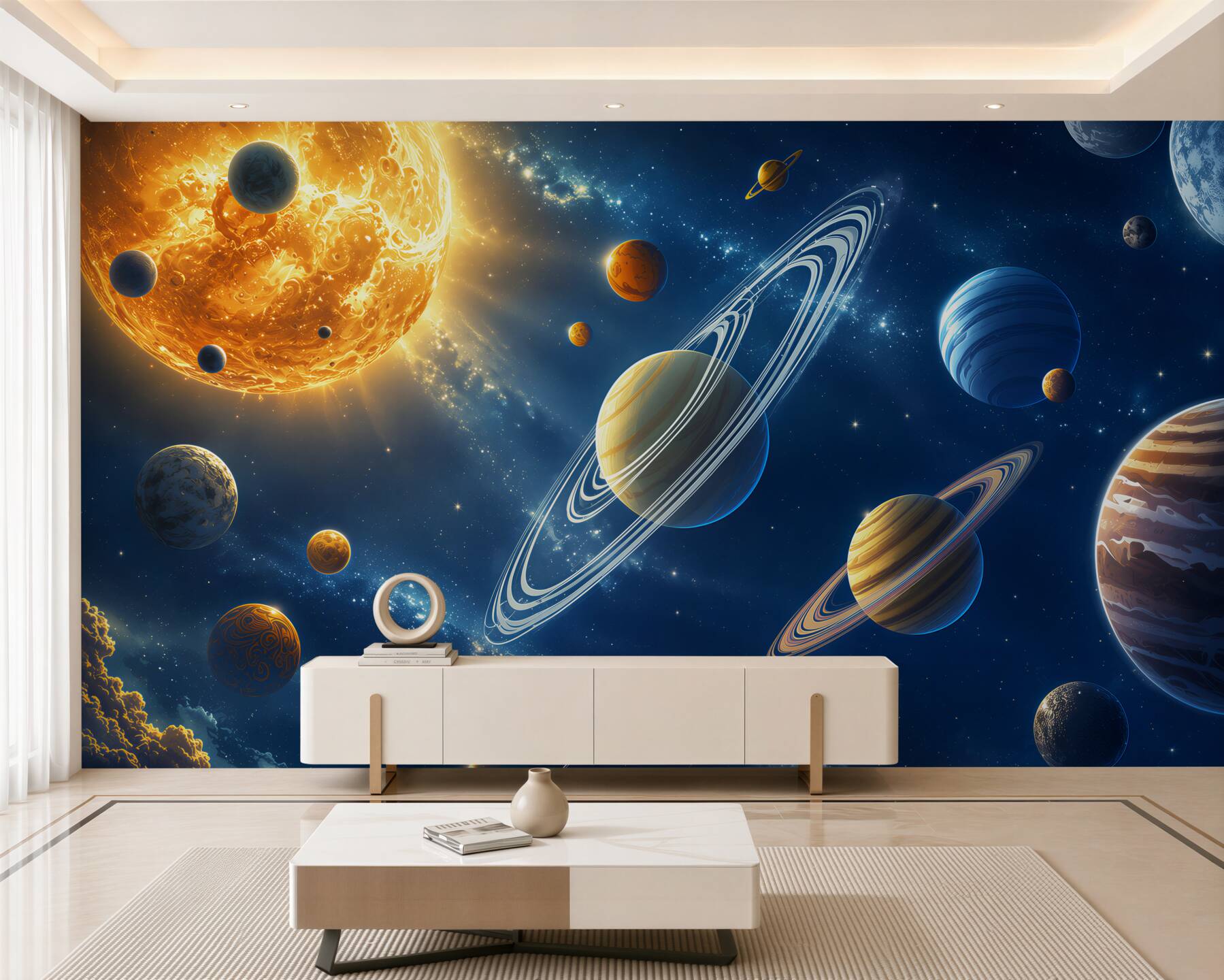 Fototapeten Anordnung der Planeten im hellen, pastellfarbenen Weltraum