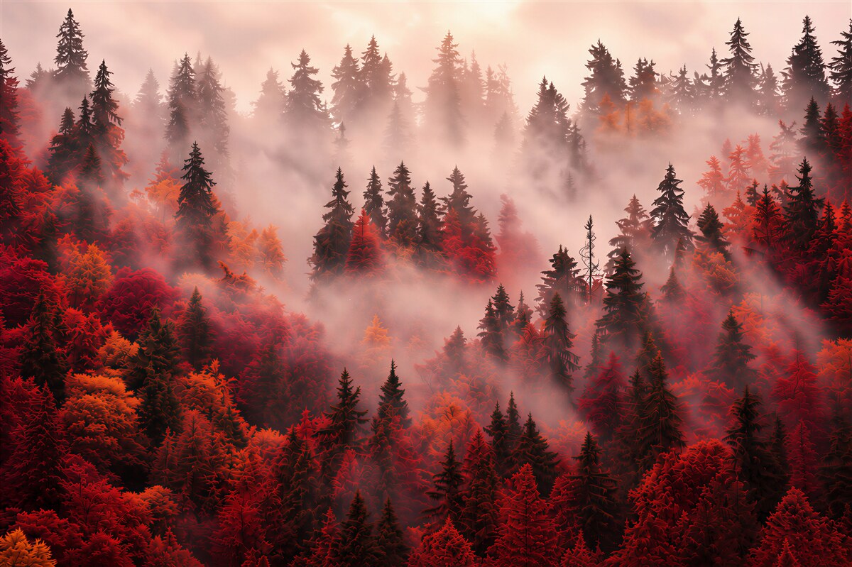 Fototapeten roter Herbstwald im Nebel stimmungsvoll für das Wohnzimmer