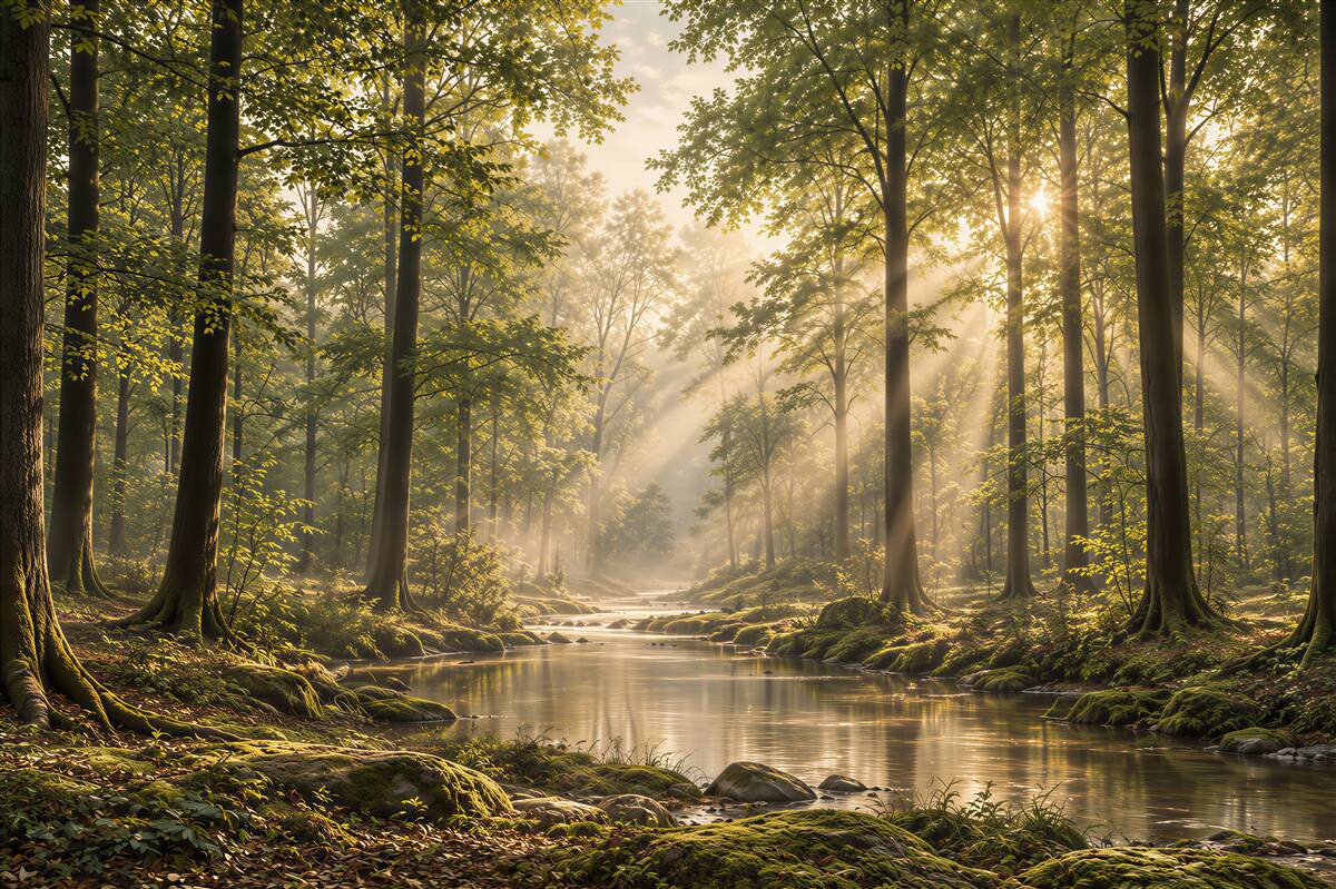 Fototapeten Sonnenstrahlen, die einen schlanken Wald durchdringen