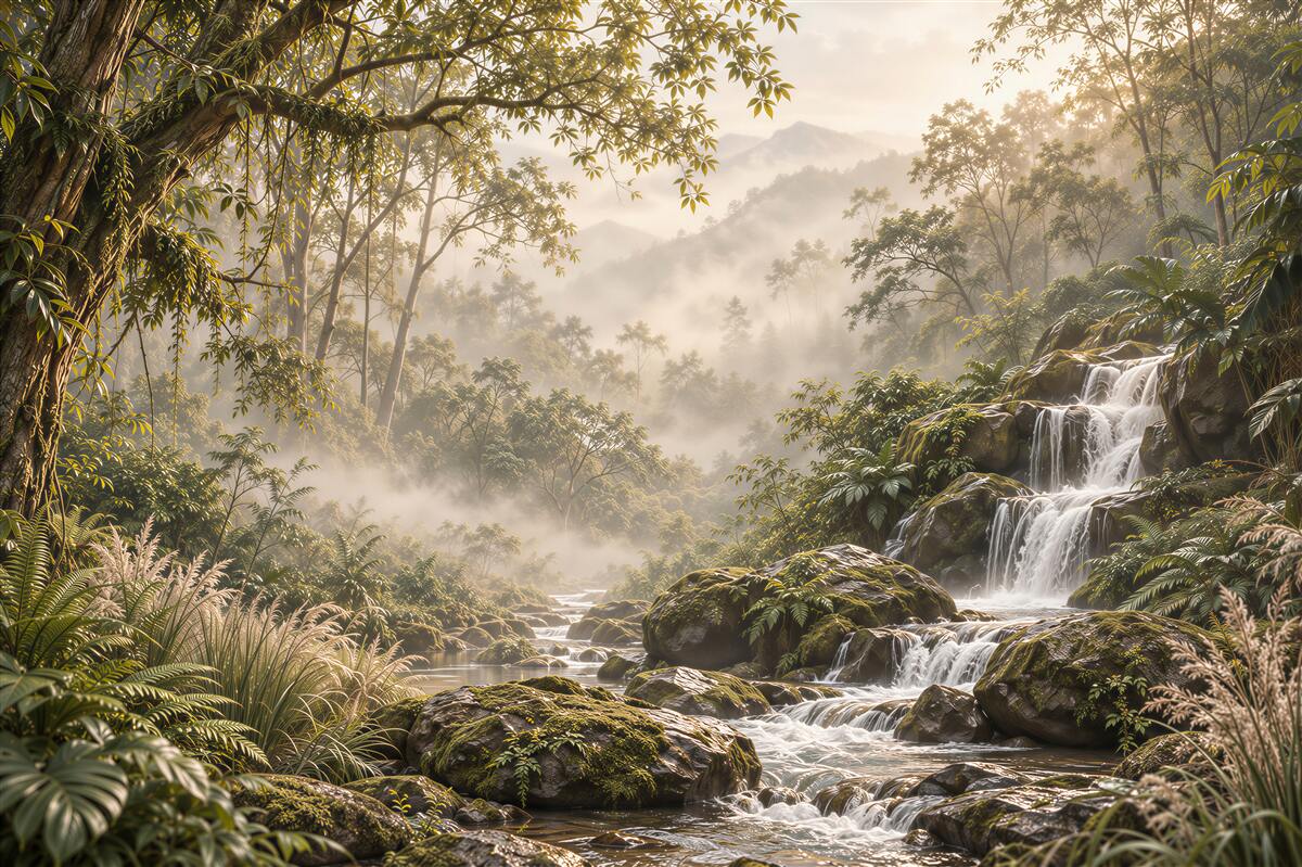 Fototapeten Wasserfall in einem dichten und grünen Wald