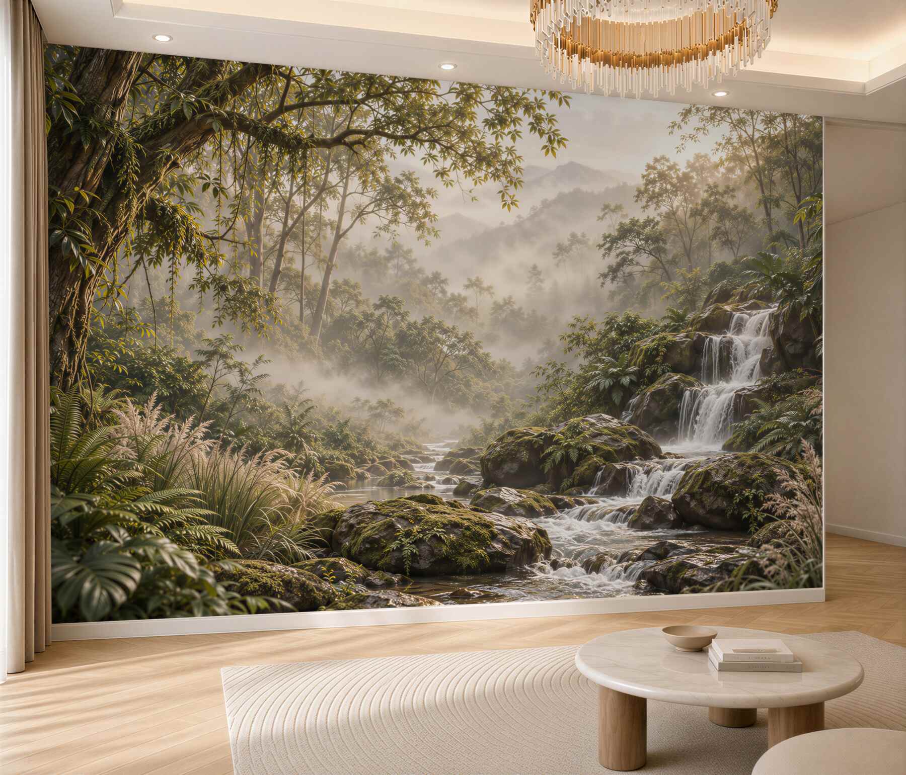 Fototapeten Wasserfall in einem dichten und grünen Wald