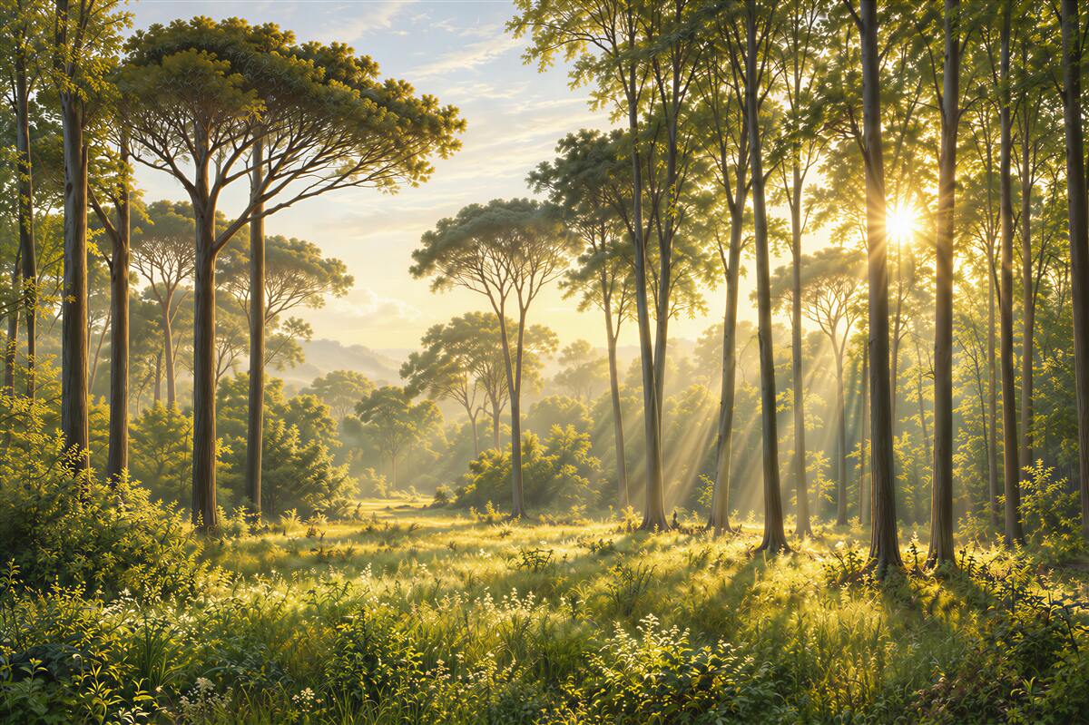 Fototapeten Rasen mit Blick auf den Sonnenaufgang im Wald