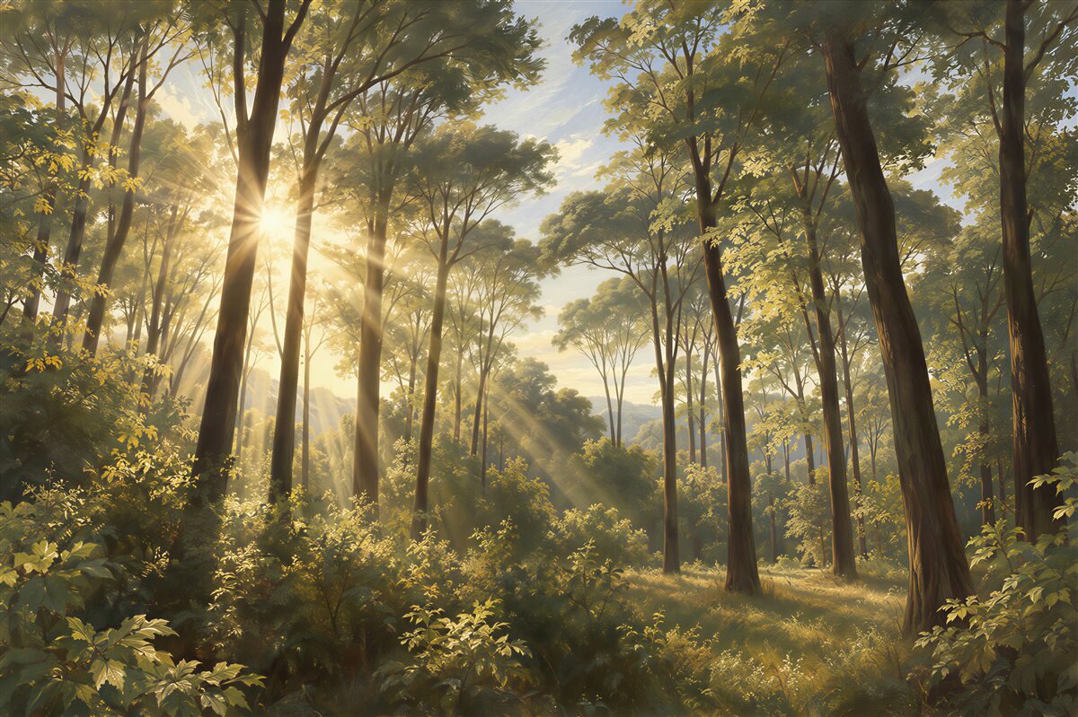 Fototapeten Sonnenaufgang im grünen Wald