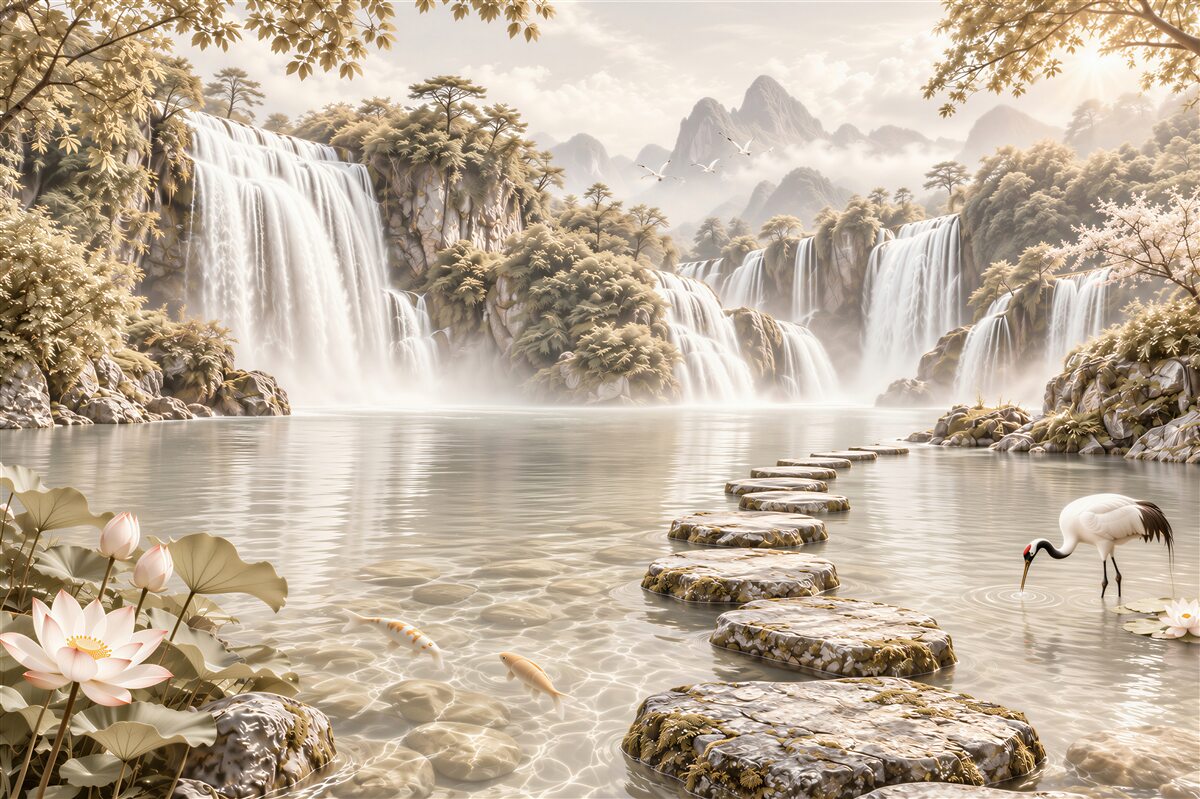 Fototapeten Wasserfälle und Lotus