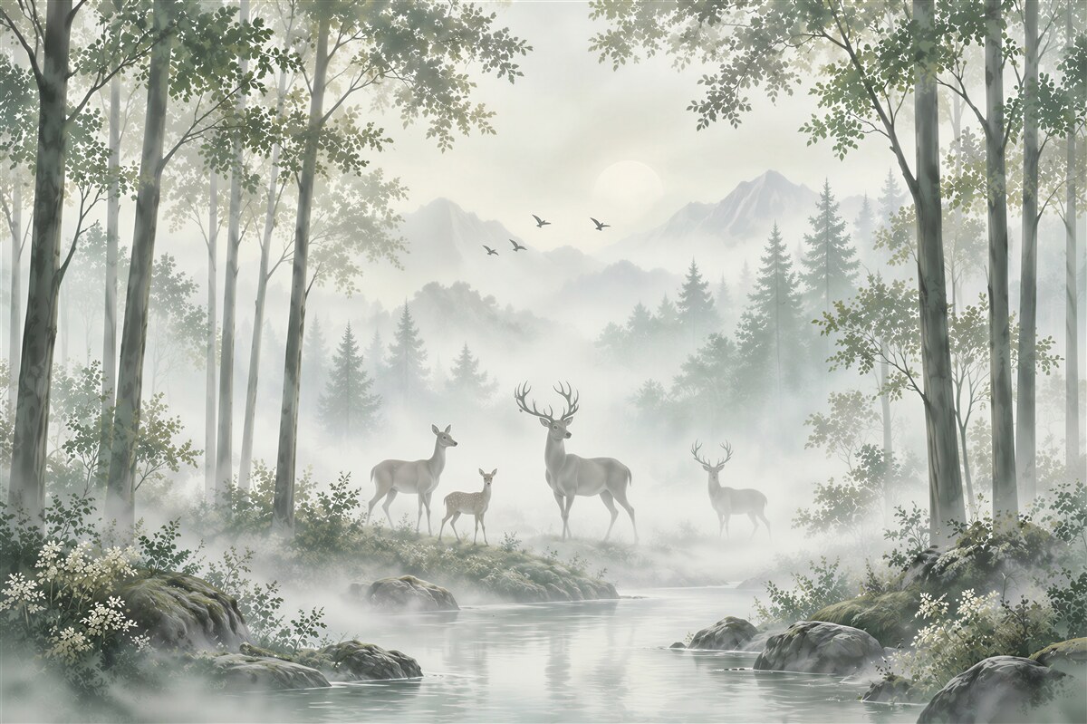 Fototapeten Hirsch und Vögel im Wald