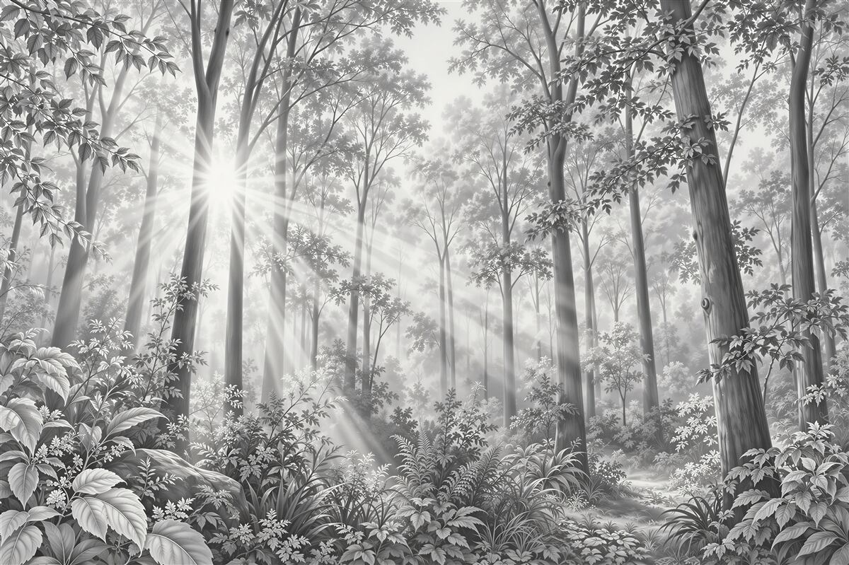 Fototapeten Wald im Nebel schwarz-weiß