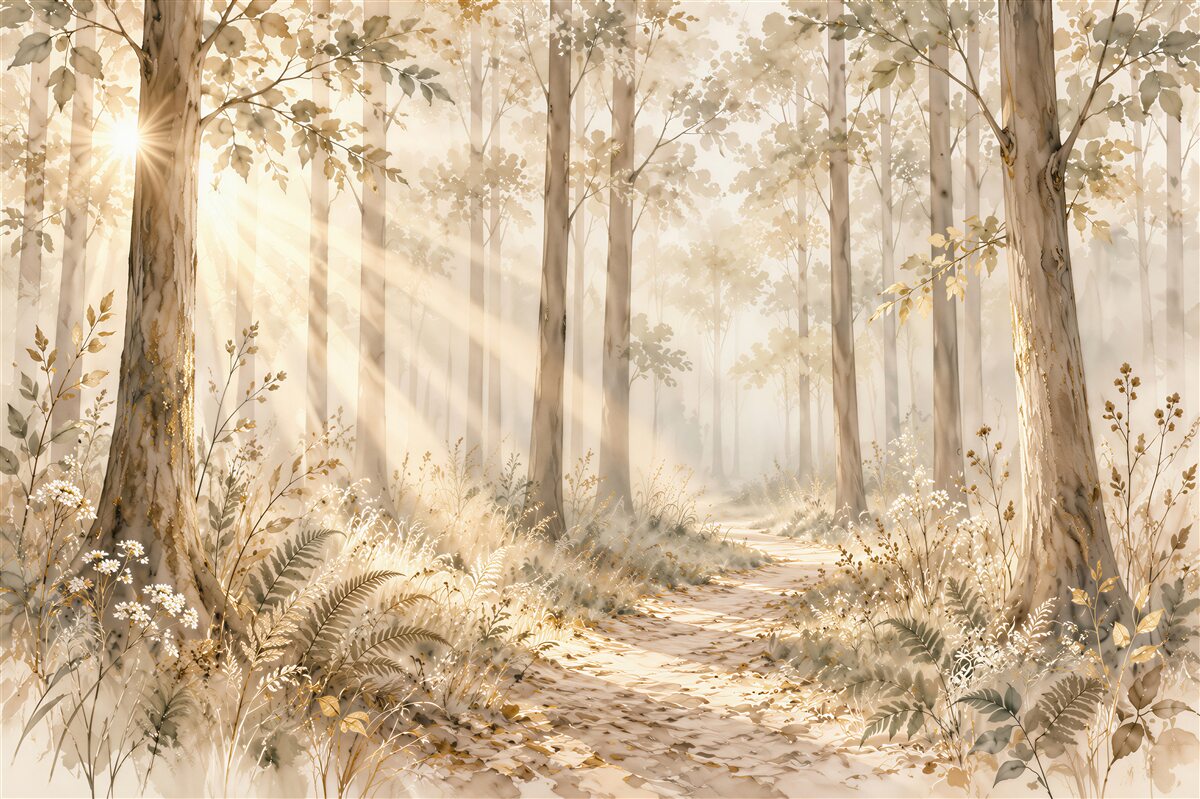 Fototapeten sonniger Wald am Morgen