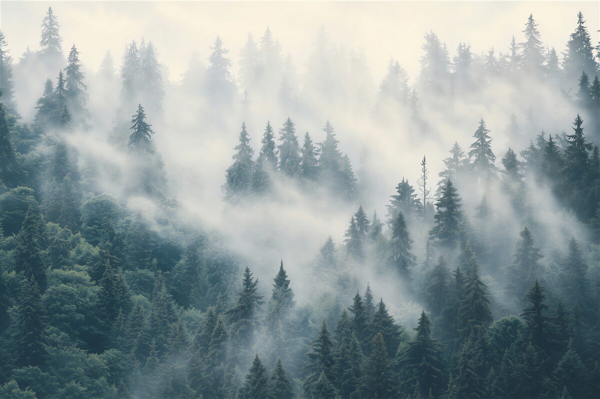 Fototapeten nebliger nadelwald am fuße der berge ruhige landschaft