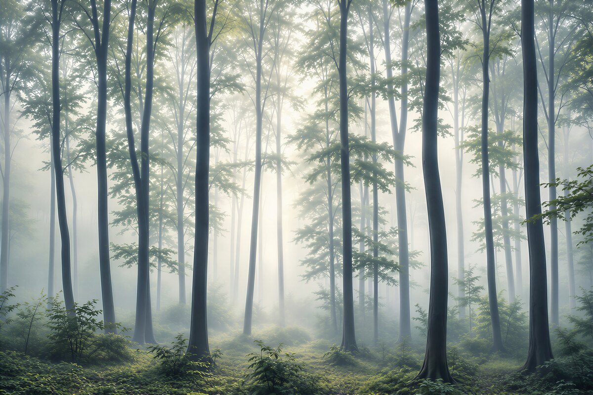 Fototapeten Früh am Morgen Nebel im Wald