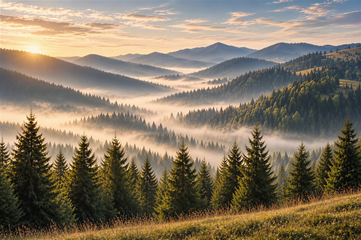 Fototapeten Nebel senkt sich auf einen dichten Herbstwald