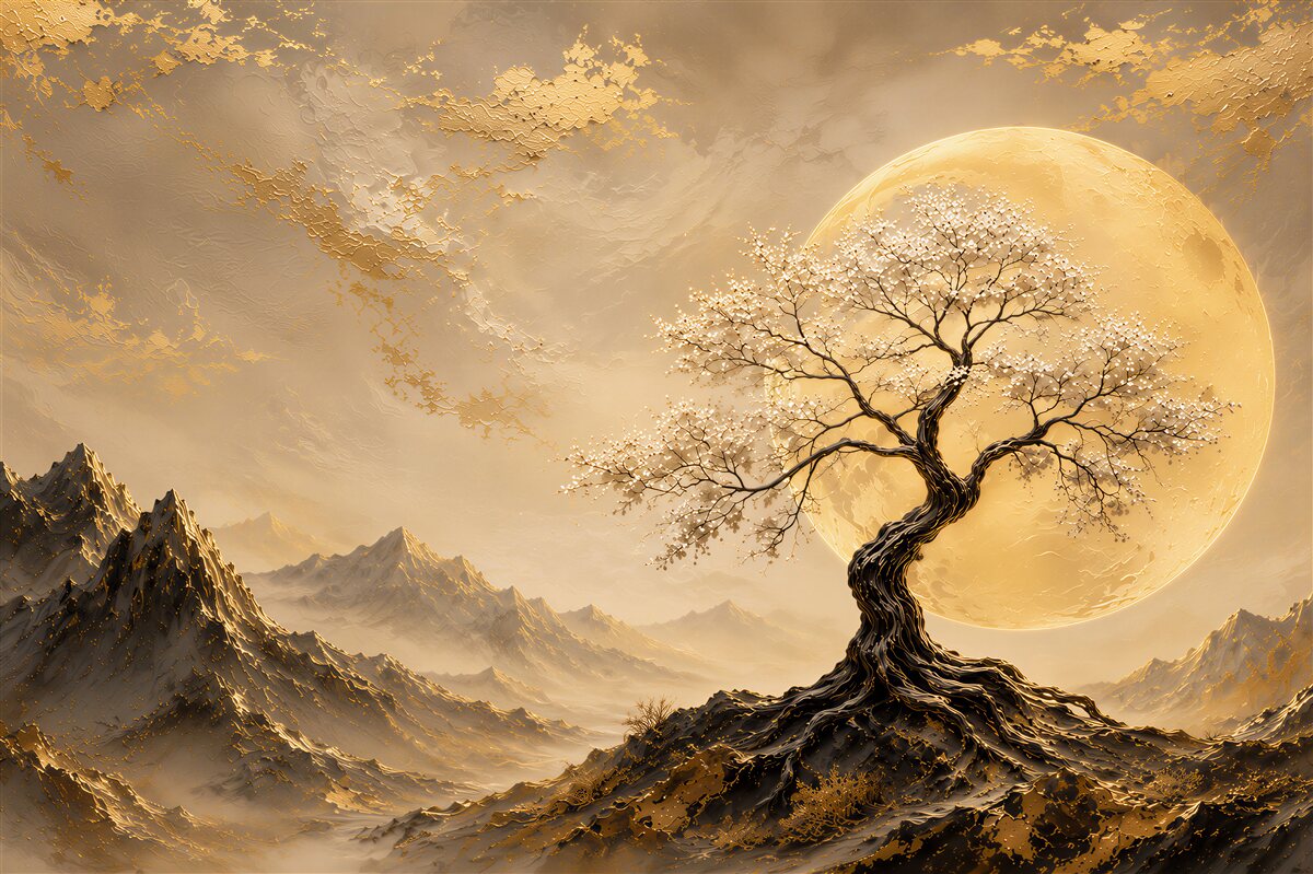 Fototapeten goldener Baum und Mond