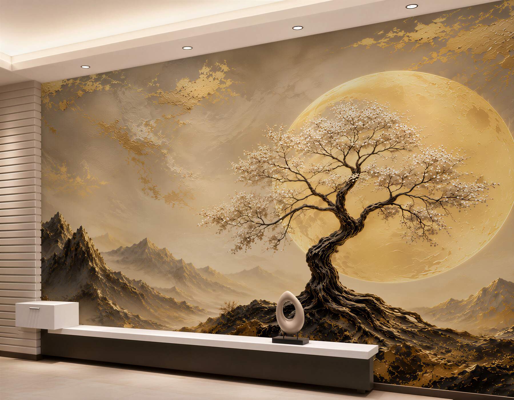 Fototapeten goldener Baum und Mond
