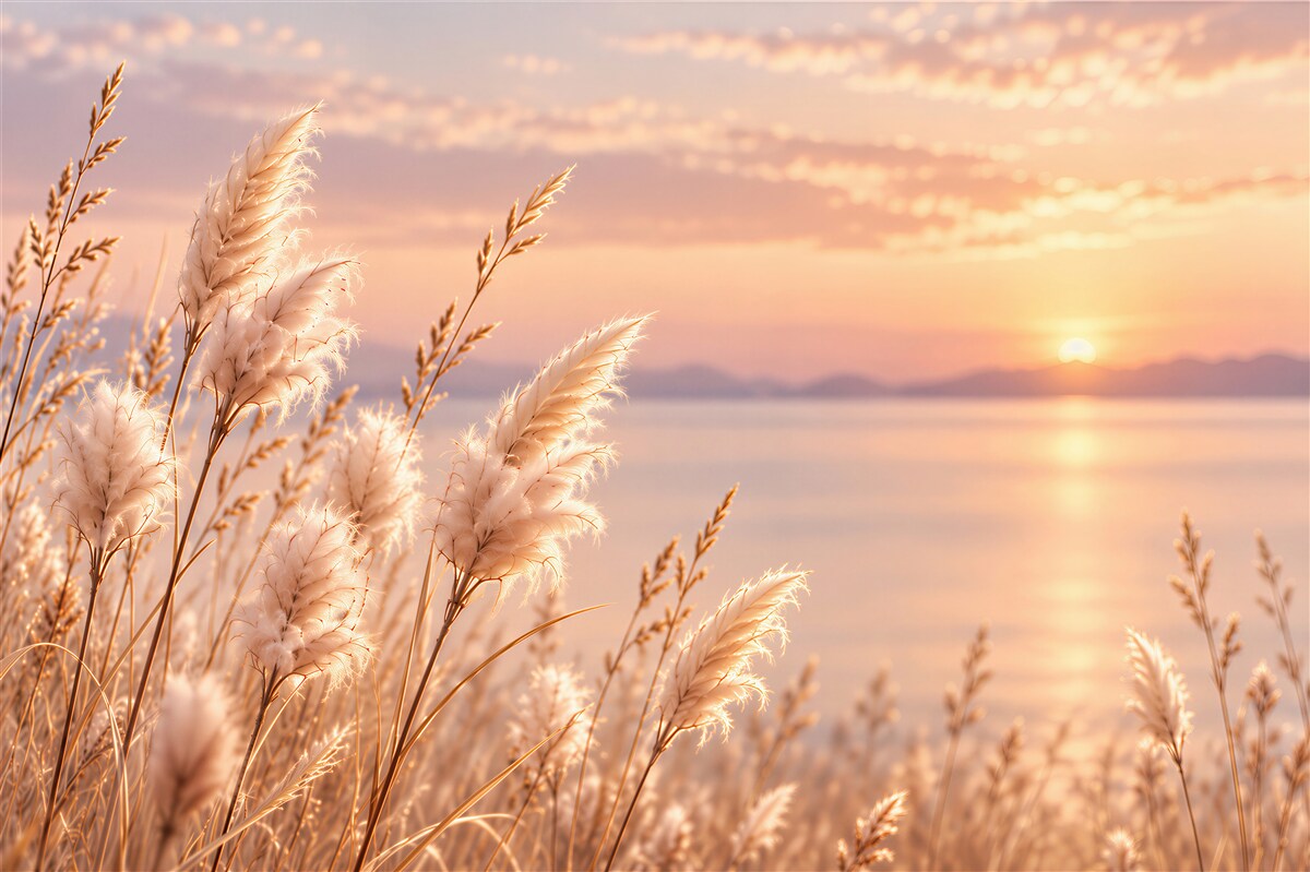 Fototapeten Gras und Sonnenuntergang