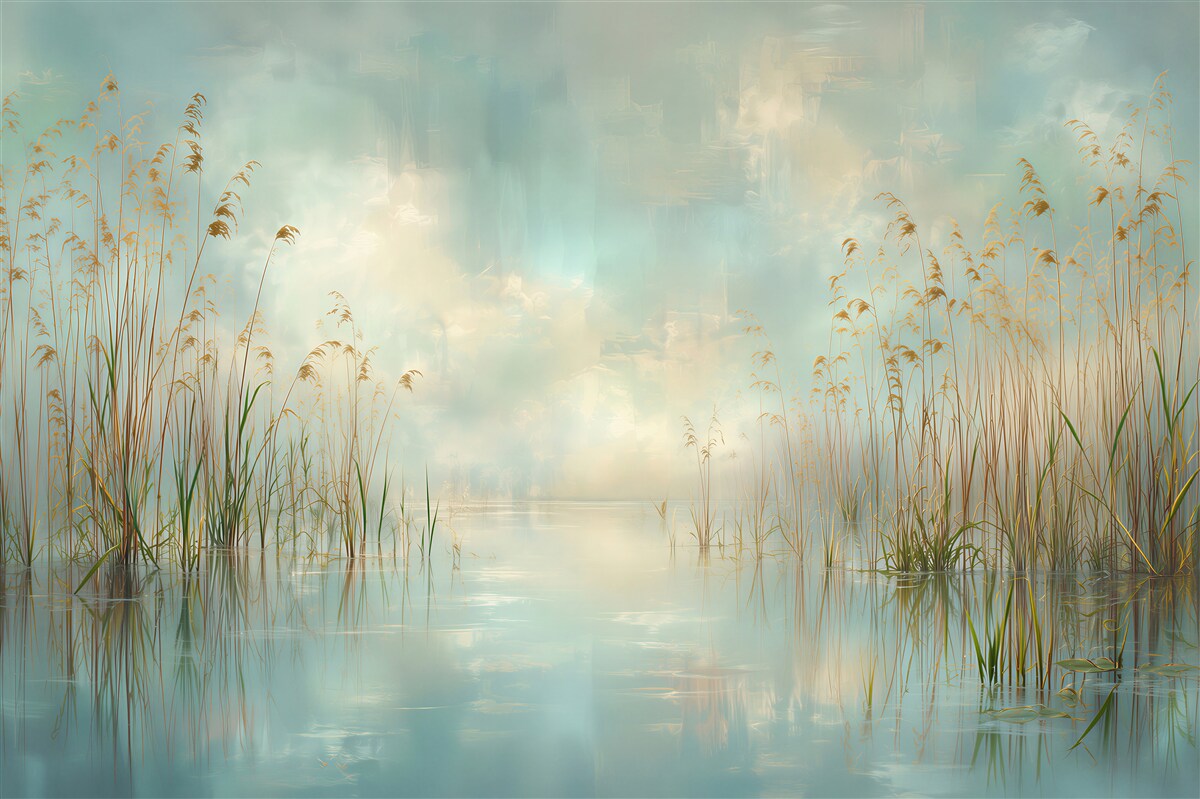 Fototapeten Landschaft mit Gras am See